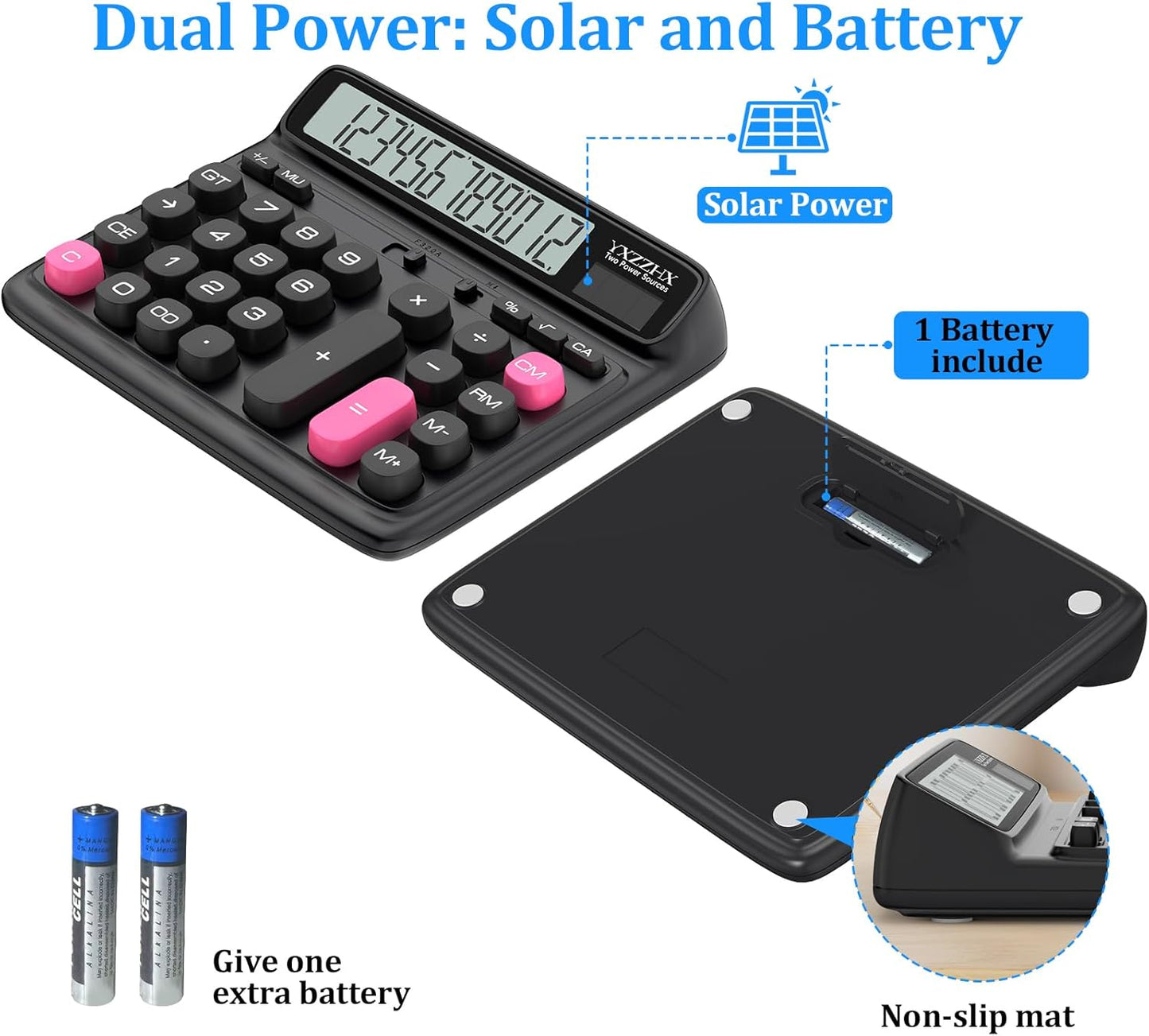 Desktop Calculator with Extra Large 5-Inch LCD Display, 12-Digit Two Way Power Solar & Battery Office Calculator with Big Buttons for Business, Accounting & Home Use(Black)