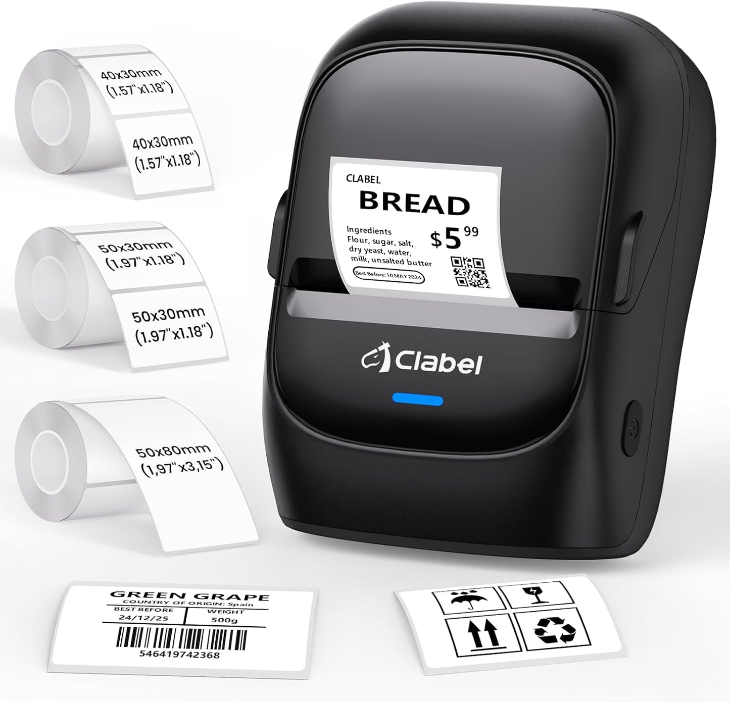 CLABEL Thermal Label Maker Machine: 221B Bluetooth Label Maker Machine with Tape Mini Sticker Printer Barcode Printer Compatible with Smartphone with 3 Roll 40x30mm,50x30mm,50x80mm Label (Black)