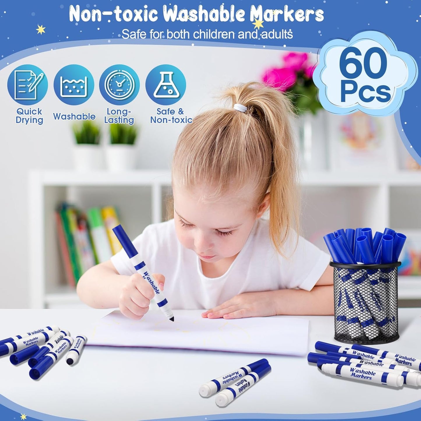 Janlaugh 60 Pcs Blue Washable Markers Bulk Coloring Broad Line Markers for Kids Conical Tip Blue drawing pens for Classroom Back to School travel Art baby shower gender reveal Supplies, Ages 6+
