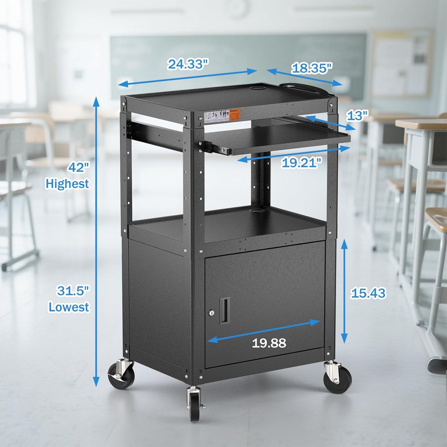 Steel Large AV Cart with Locking Cabinet - Adjustable Height Media Carts with Wheels, Pullout Tray, Power Strip for Mobile Work Station - Rolling Computer Cart for Office Classroom Presentation