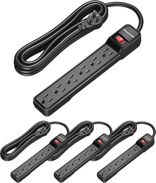 DEWENWILS 15 Foot Long Power Strip, 6-Outlet Power Strip 15FT, 15 Amp Circuit Breaker, Low Profile Flat Plug, Surge Protector for Office, Living Room, Bedroom, 4 Pack, Wall Mount, Black