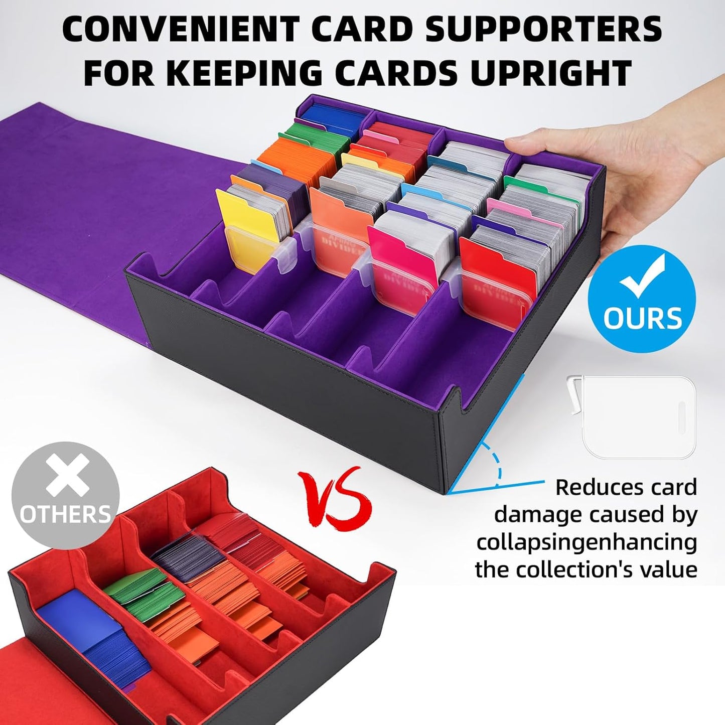 AFIING Trading Card Storage Box, MTG Deck Box with 48 Dividers & Supporters, Commander Card Deck Case Fits for Magic Game Cards, YugiOh, TCG, baseball and Sport Cards, Black Purple 3200+