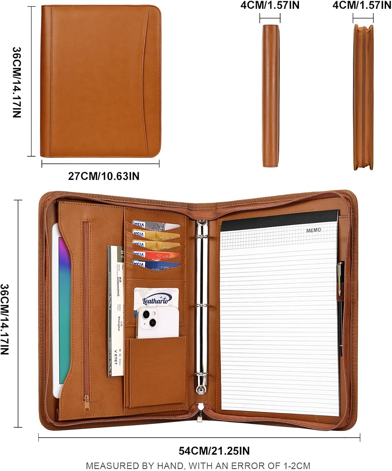 Leathario Portfolio Binder, Includes 10 Sheet Protectors and 3 Notepads, 3-Ring Folder Organizer, A4 Padfolio with Zipper, Vegan Leather Tablet Sleeve, Business Office Conference Clipboards