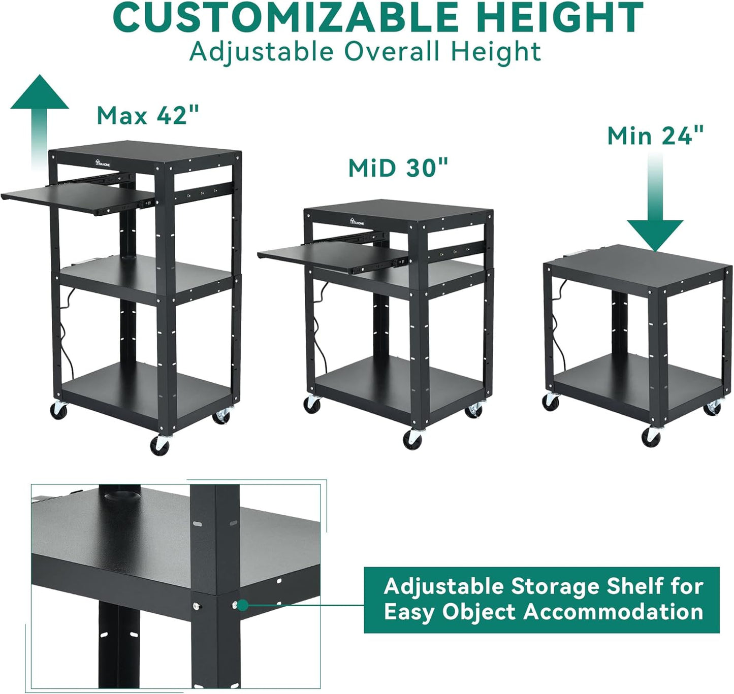 YITAHOME Large AV Cart with 16.4ft Extra-Long Cord, Metal Presentation Cart with Keyboard Tray, Rolling Media Carts with Wheels and Power, 2 Locking Brakes, Easy to Assemble, Black