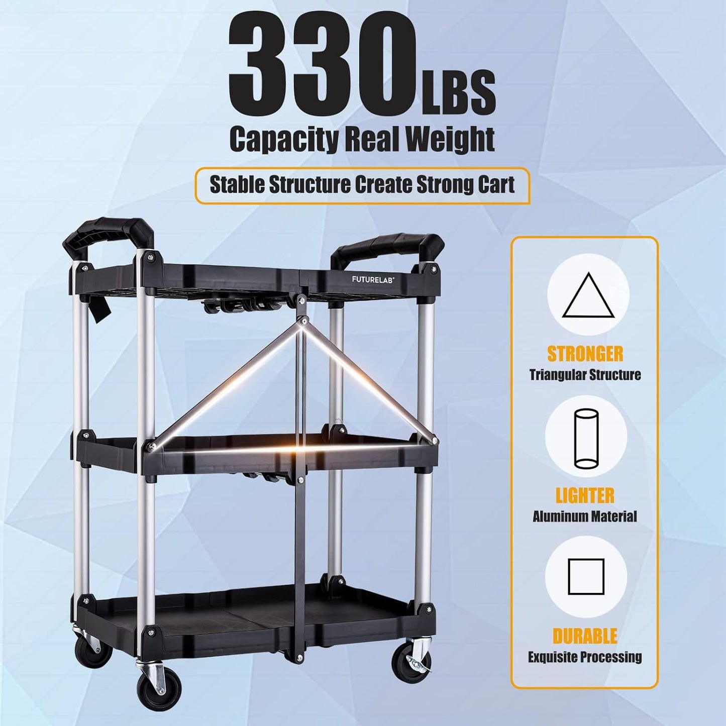 FUTURELAB Portable Folding Service Cart - 3 Tier 330LBS Capacity - Rolling Utility Foldable Cart with Wheels for Warehouse Home Workshops Garages Restaurants Offices