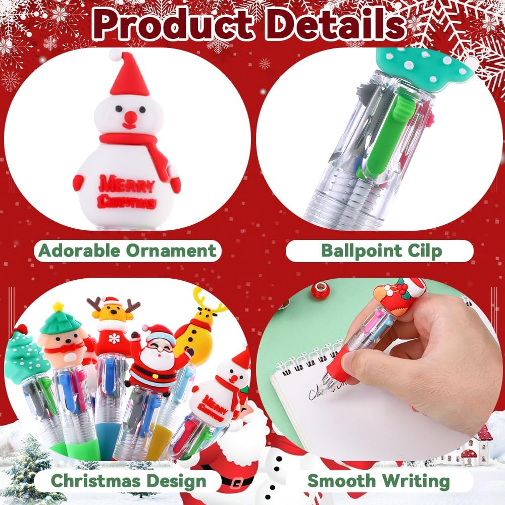 24PCS Christmas Multicolor Ballpoint Pens 4 Colors in 1, Retractable 0.7mm Cartoon Cute Fun Pens for Kids Santa Snowman Writing Pens for Holiday Party School Supplies Students Rewards