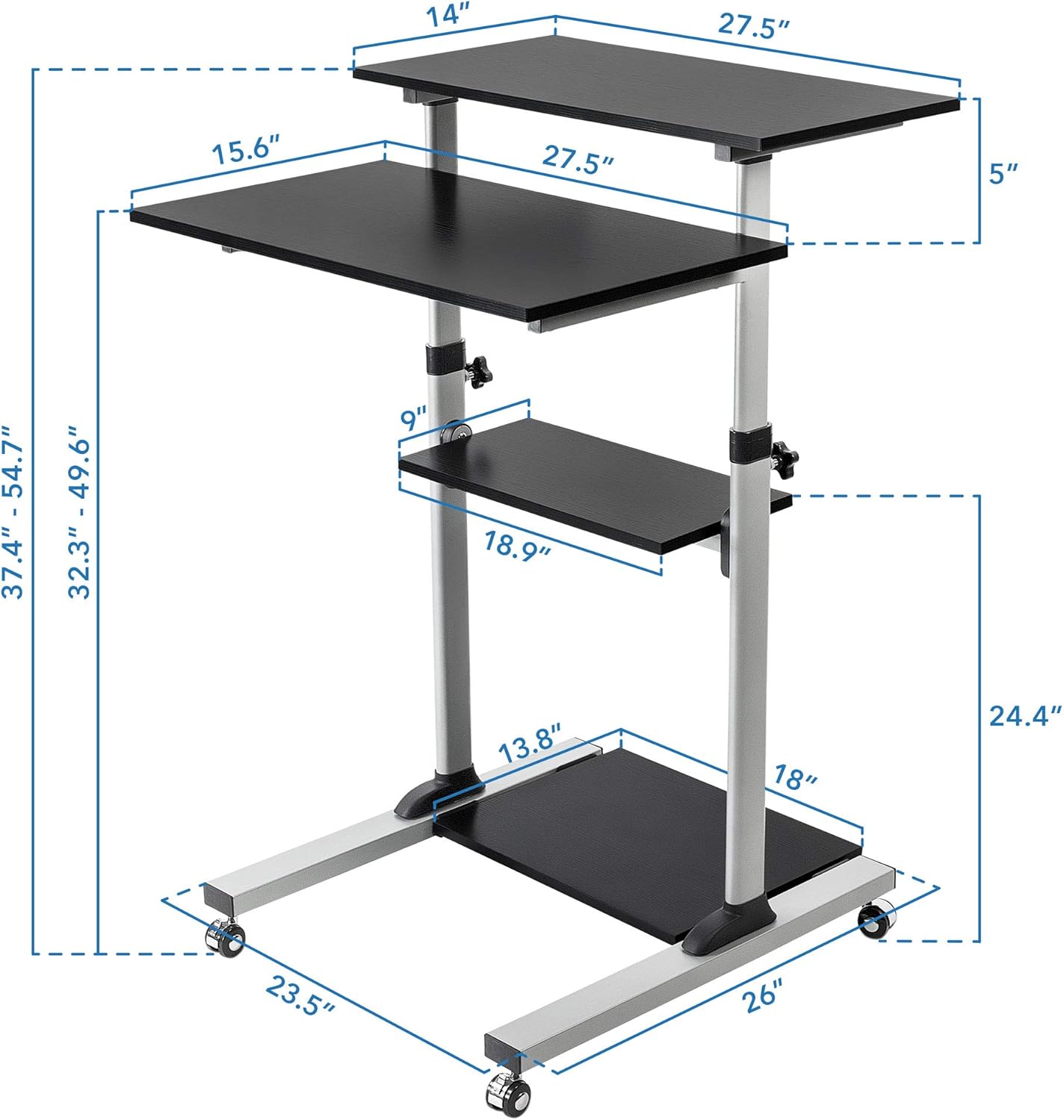 Mount-It! Rolling Desk Adjustable Height up to 54.7", Portable Standing Desk for Laptop or Podium Stand with Wheels, Mobile Roller Presentation Cart, Computer Work Station 27.5" Wide, Locking Wheels