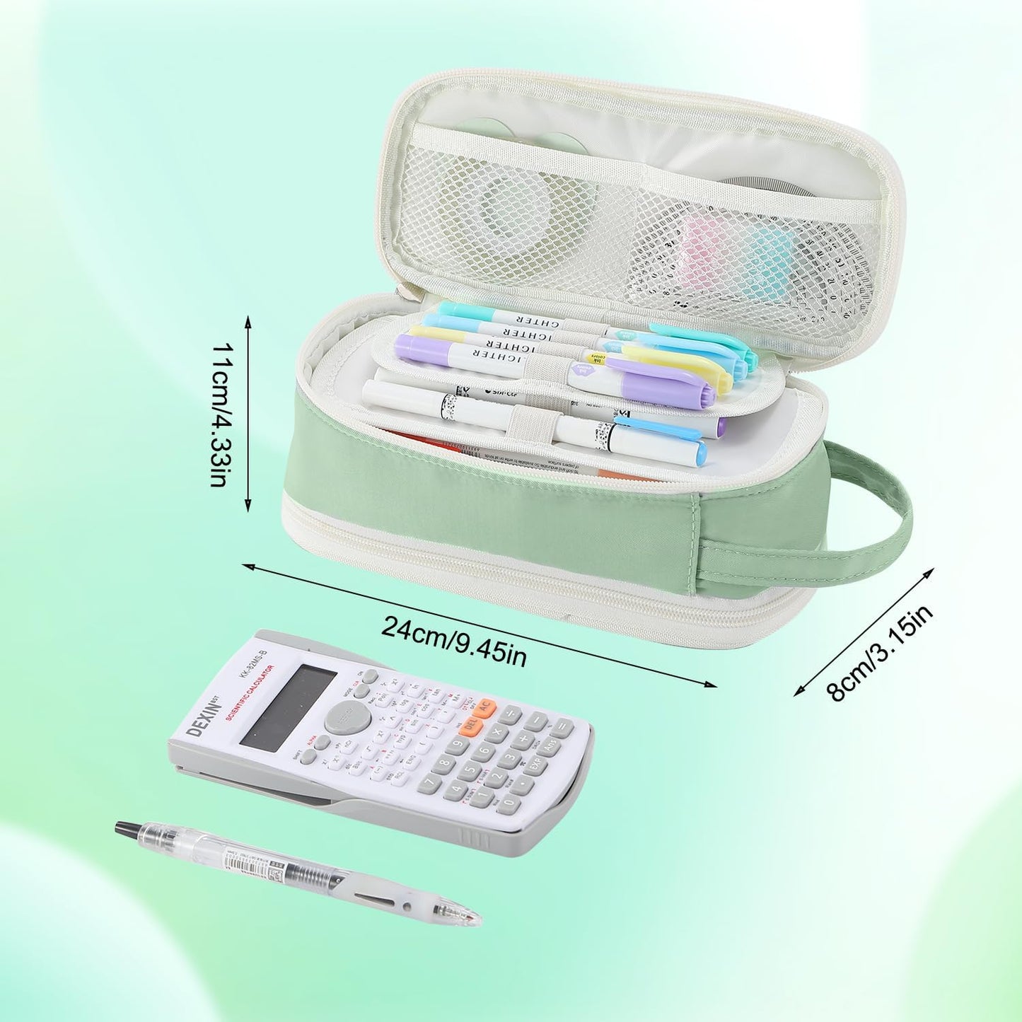 Pencil Case Large Zipper Pencil Pouch for Girls Kids Teens Adults Aesthetic Pencil Bag Stationery Organizer Pencil Case with Handle for School Green