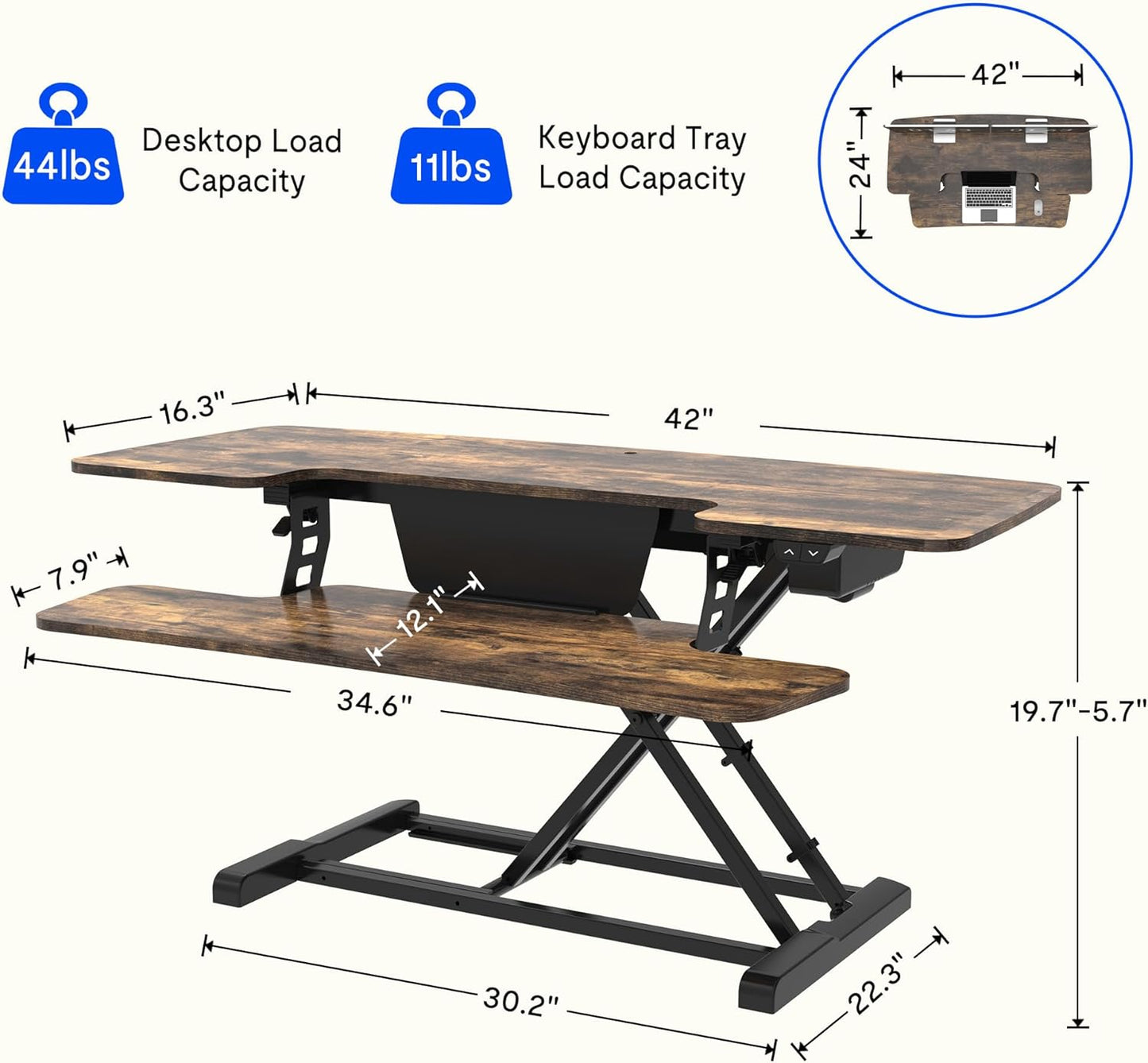 FLEXISPOT Electric Standing Desk Converter 42" Height Adjustable Desk 55 LBS Weight Capacity Motorized Stand up Desk Riser for Office Home,Rustic Color
