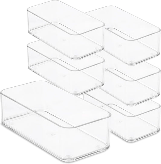 Plastic Clear Drawer Organizers. Bathroom, Kitchen, Bedroom, Jewelry, Office Organizer Bins, Storage Trays. Heavy Duty, Stackable. 9" x 3" x 2" Set of 6
