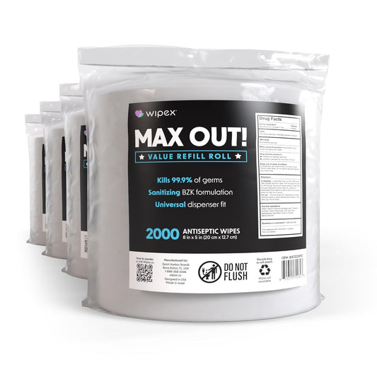 Wipex Max Out Sanitizing Wipes for Fitness Centers - 2000 Wipes Per Roll, Pack of 4, Economy Size Refill Rolls for Dispensers, 5"x8" - Ideal for High Volume Commercial Gyms, Schools & Studios