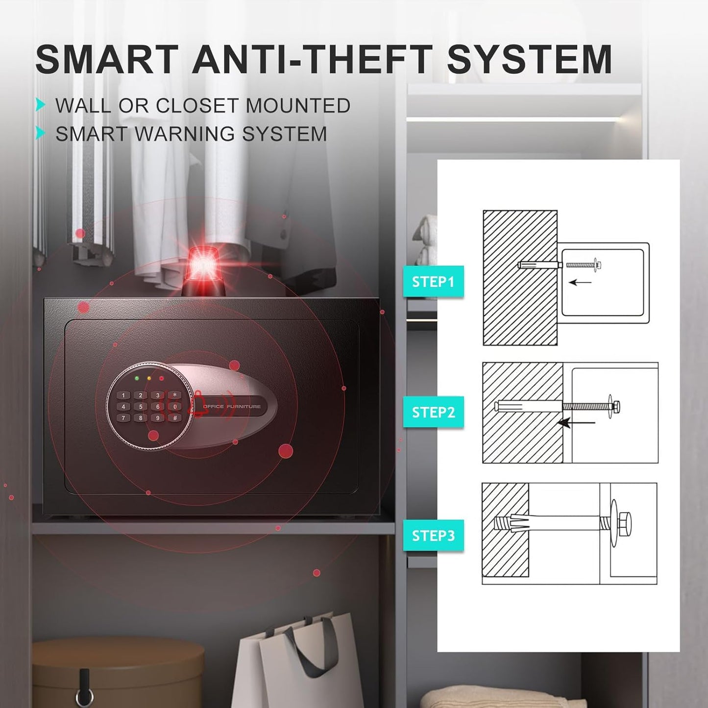 BONANO Small Safe, 0.5 Cubic Safe Box with Electronic Keypad and Fireproof Waterproof Bag, Small Safety Box for Money Cash Valuables, Dual Alarm System, Safes for Home Hotel Office