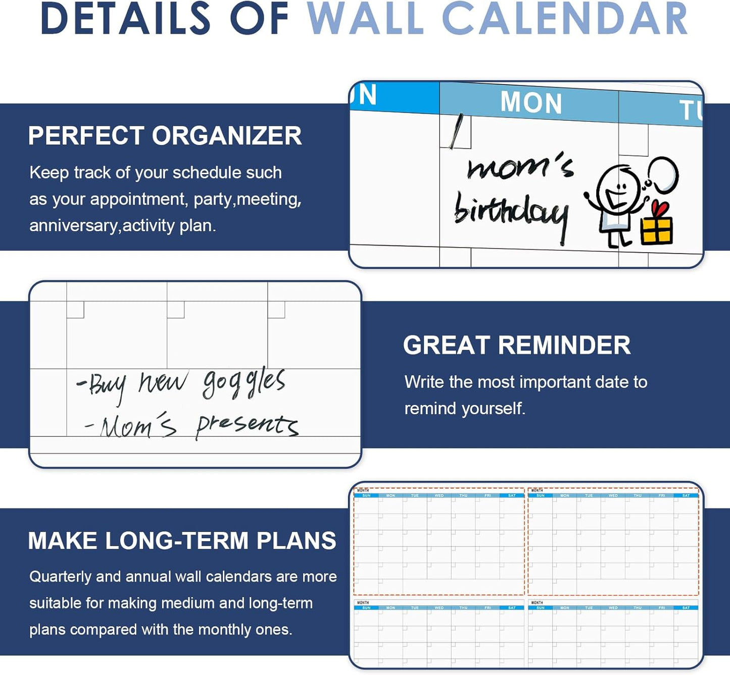 MAKELLO Large Magnetic Dry Erase Calendar Whiteboard Yearly for Home 43x31 in, Bedroom, Office, Classroom, 12 Months