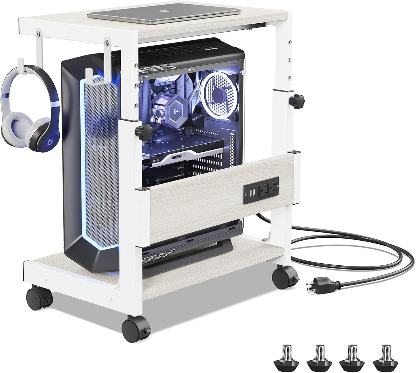 Computer Tower Stand with Charge Station and USB Charging Port - Height Adjustable PC Tower Stand, Under Desk CPU Holder Cart with Locking Caster Wheels for Fits Most PC