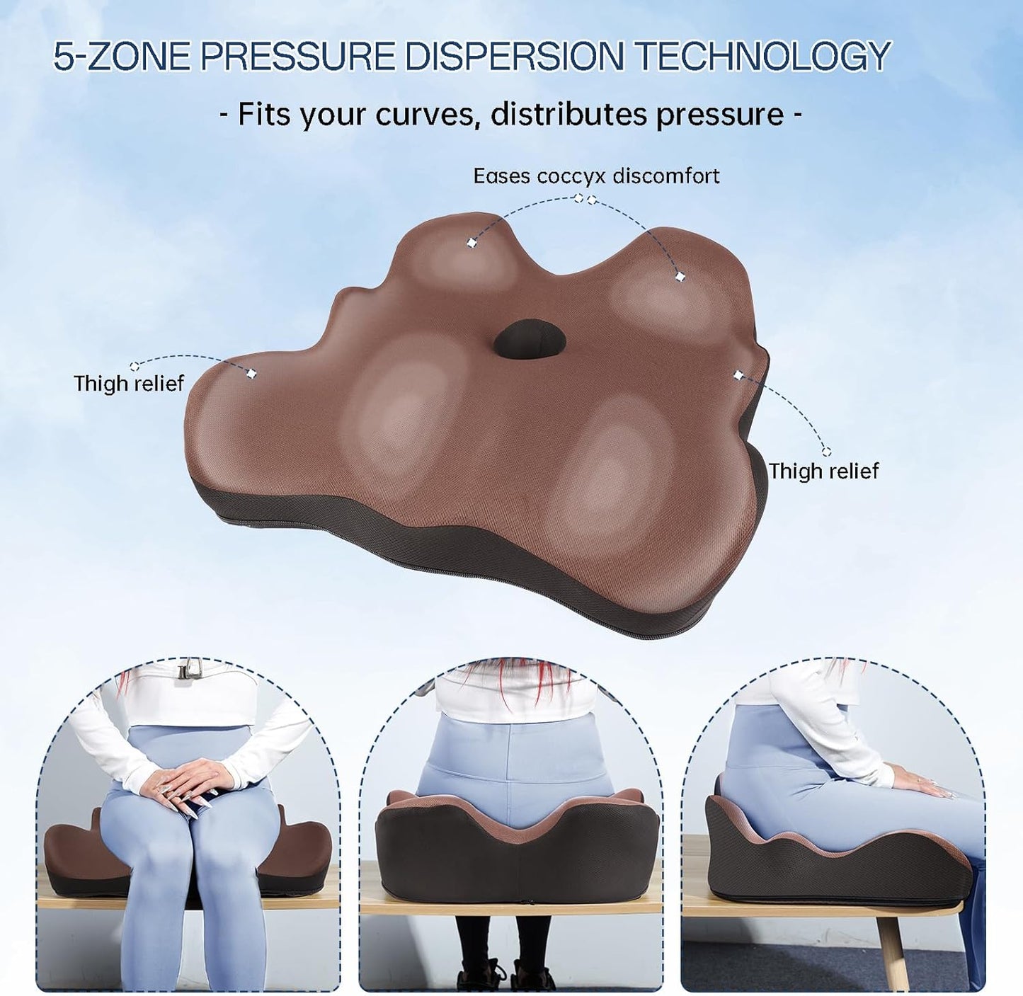 Seat Cushion, X-Large Memory Foam Office Chair Cushion, for Pressure Relief Sciatica & Pain Relief for Long Sitting Hours on Office/Home Chair, Car (Brown)