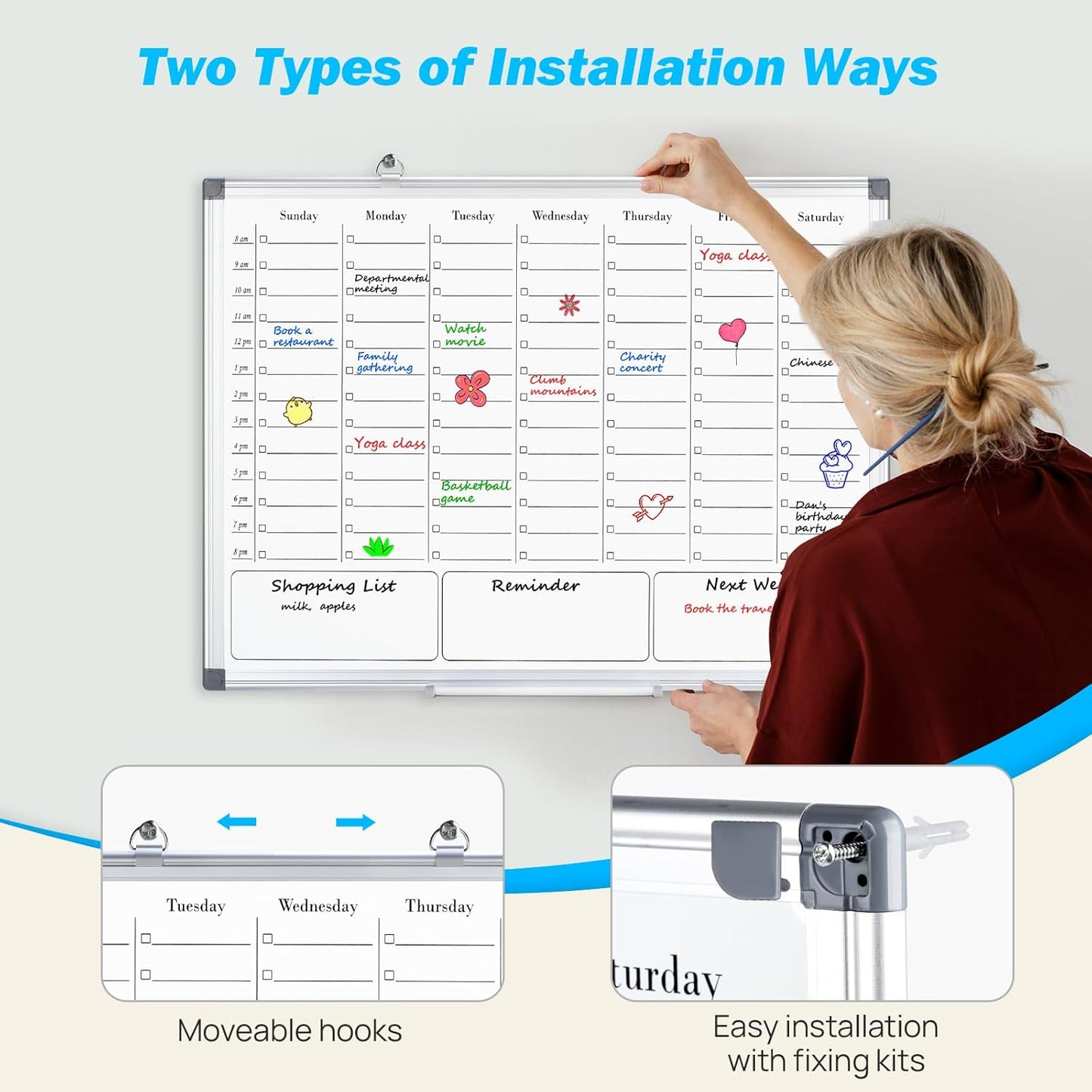 White Board Dry Erase Board for Wall, Magnetic Whiteboard Calendar 24" X 18", Weekly Calendar Whiteboard with Hourly Time Slots, Hanging Double-Sided White Board for Office,School,Home - 1 Pack