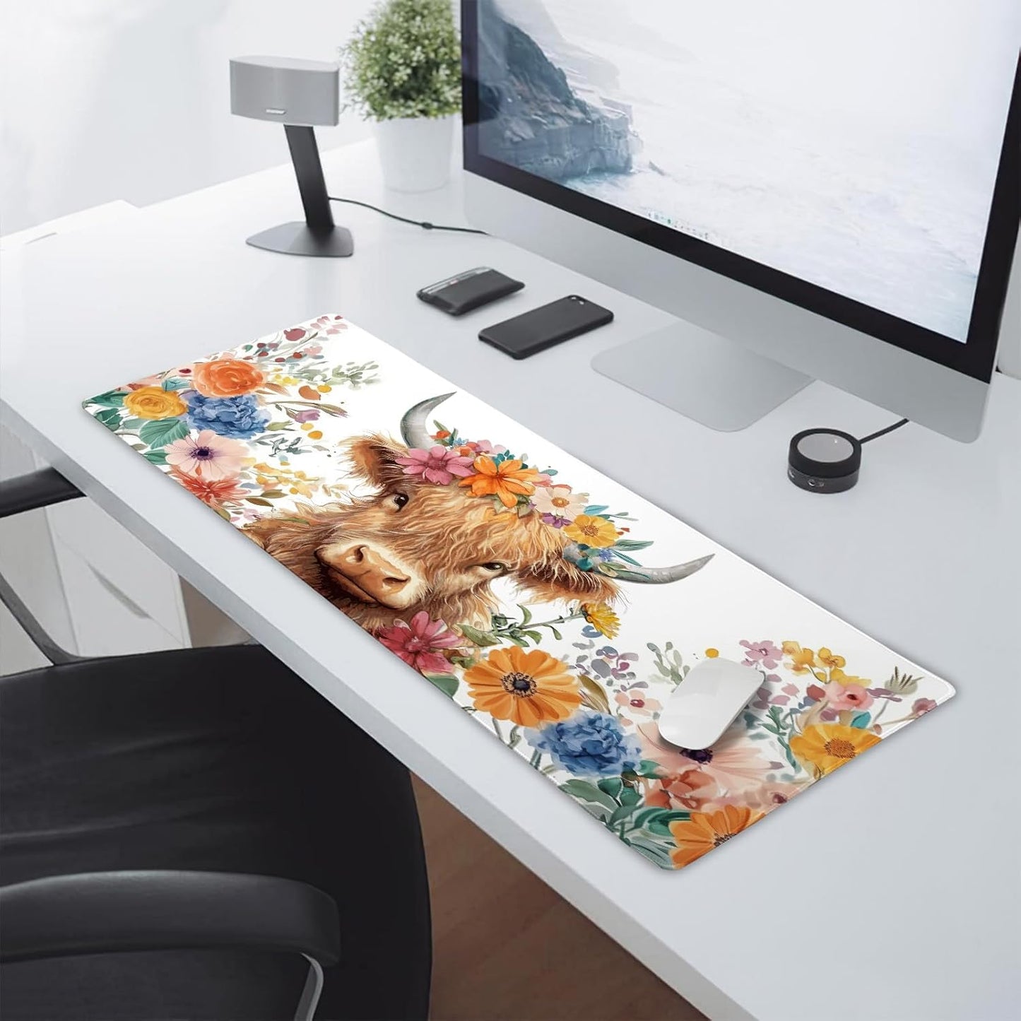 Aesthetic Highland Cow Gaming Mouse Pad XL Cow Print Blue Orange Floral Extended Large Mat Mousepad Desk Pad Non-Slip Rubber Base Stitched Edge Flower Keyboard Pad Playmat for Computer,31.5×11.8 in