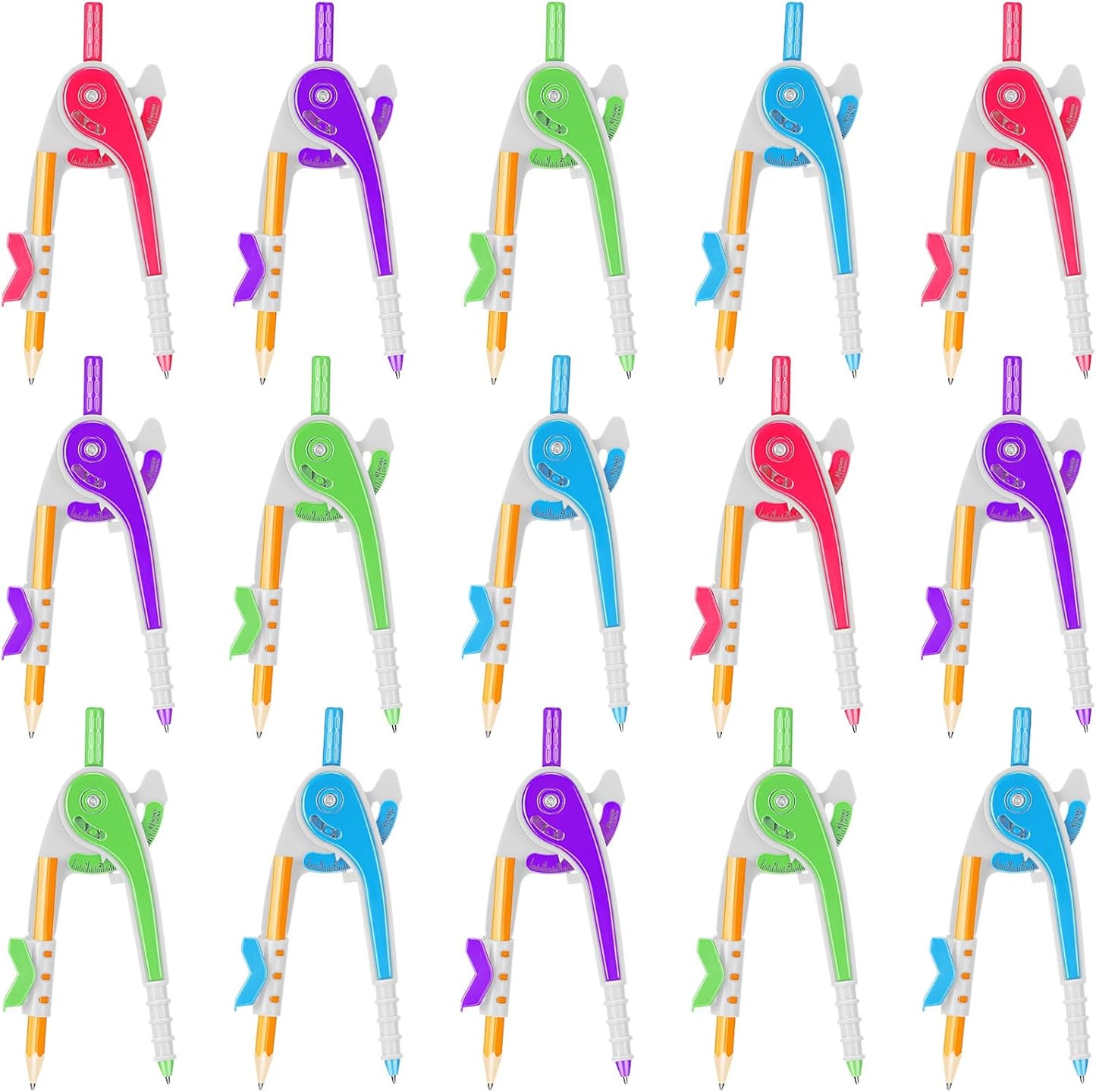 Zonon 15 Pcs Student Math Geometry Compass Tool Classroom Set Bulk 6 Inch Bright Colored Plastic Drawing Compass with Pencils Back to School Supplies for School Home Office