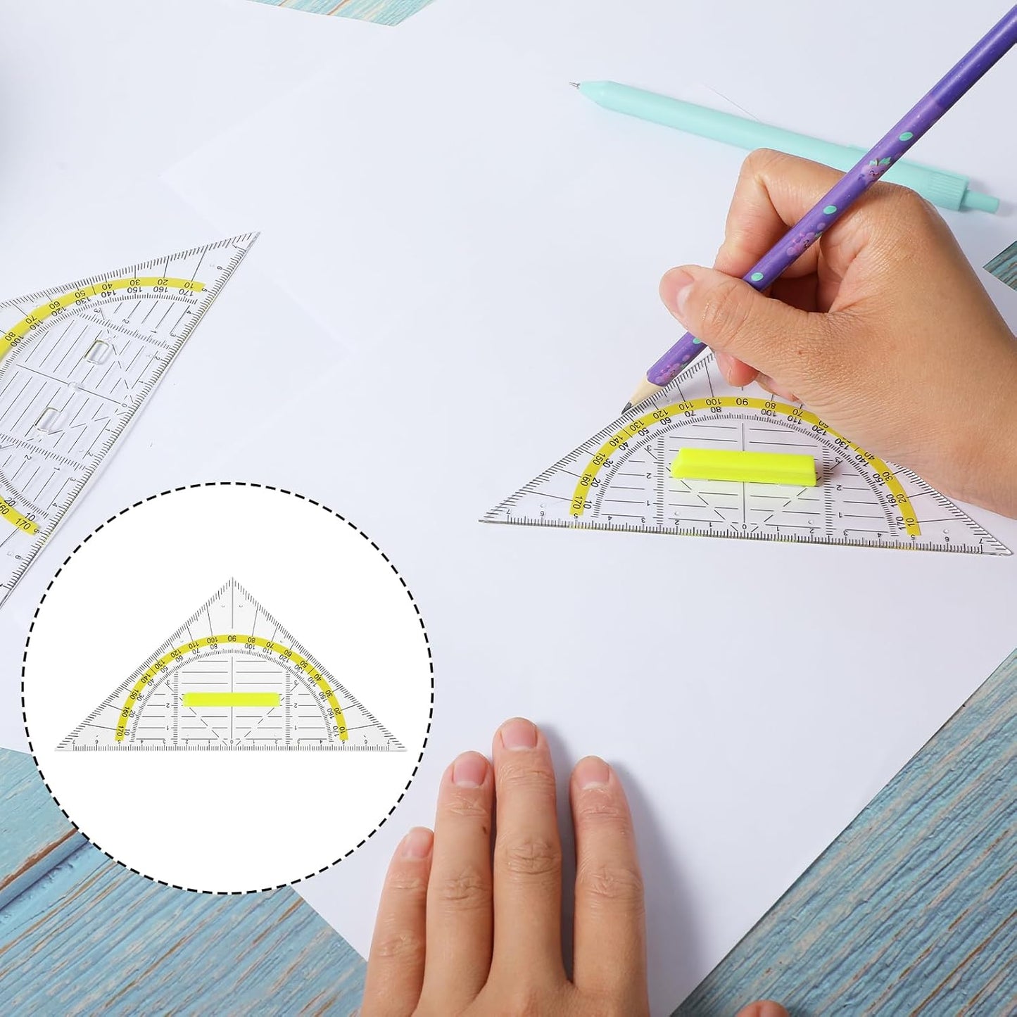 6PCS Triangle Ruler with Handle, Transparent Plastic Protractor Geometry Math Ruler Measuring Tool for Students Office Designers Painting Drafting