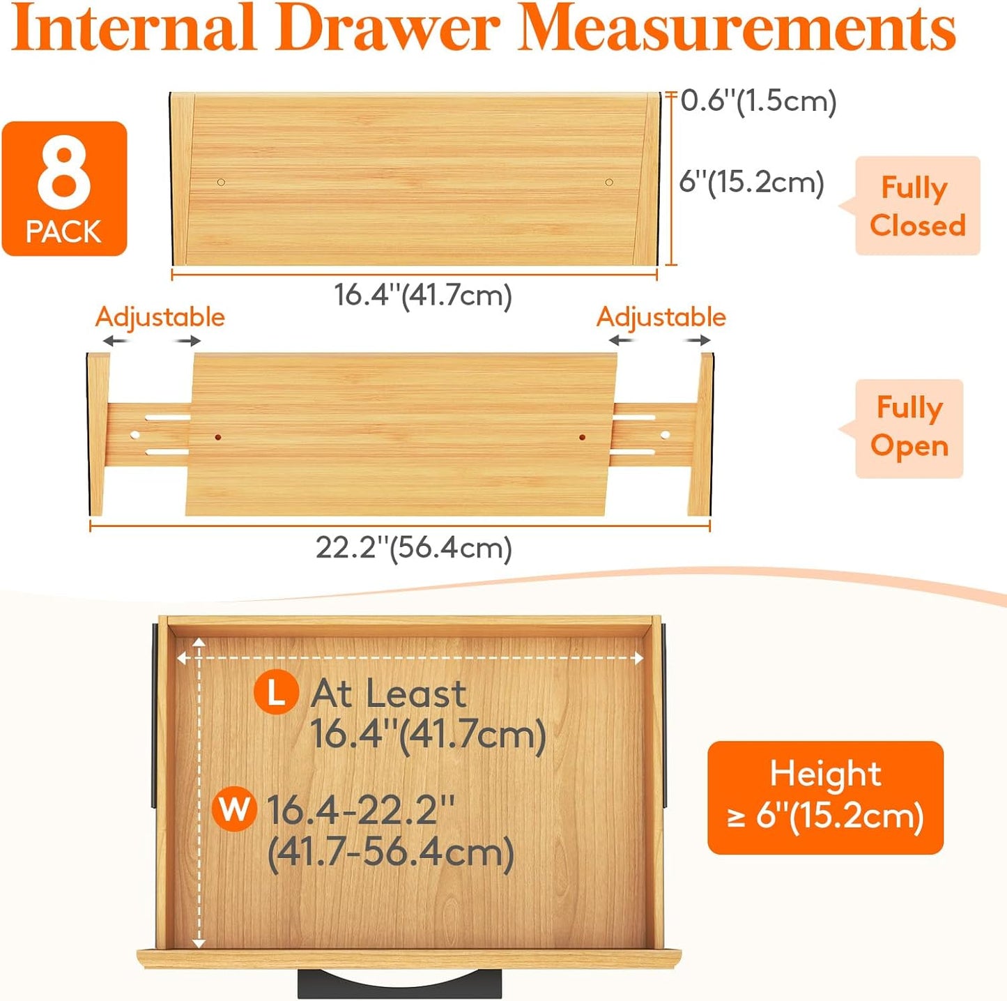 Lifewit 8 Pack Drawer Dividers Bamboo 6" High, 16-22" Adjustable Clothes Drawer Organizers, Expandable Dresser Separators in Bedroom/Bathroom/Kitchen/Office Organization and Storage