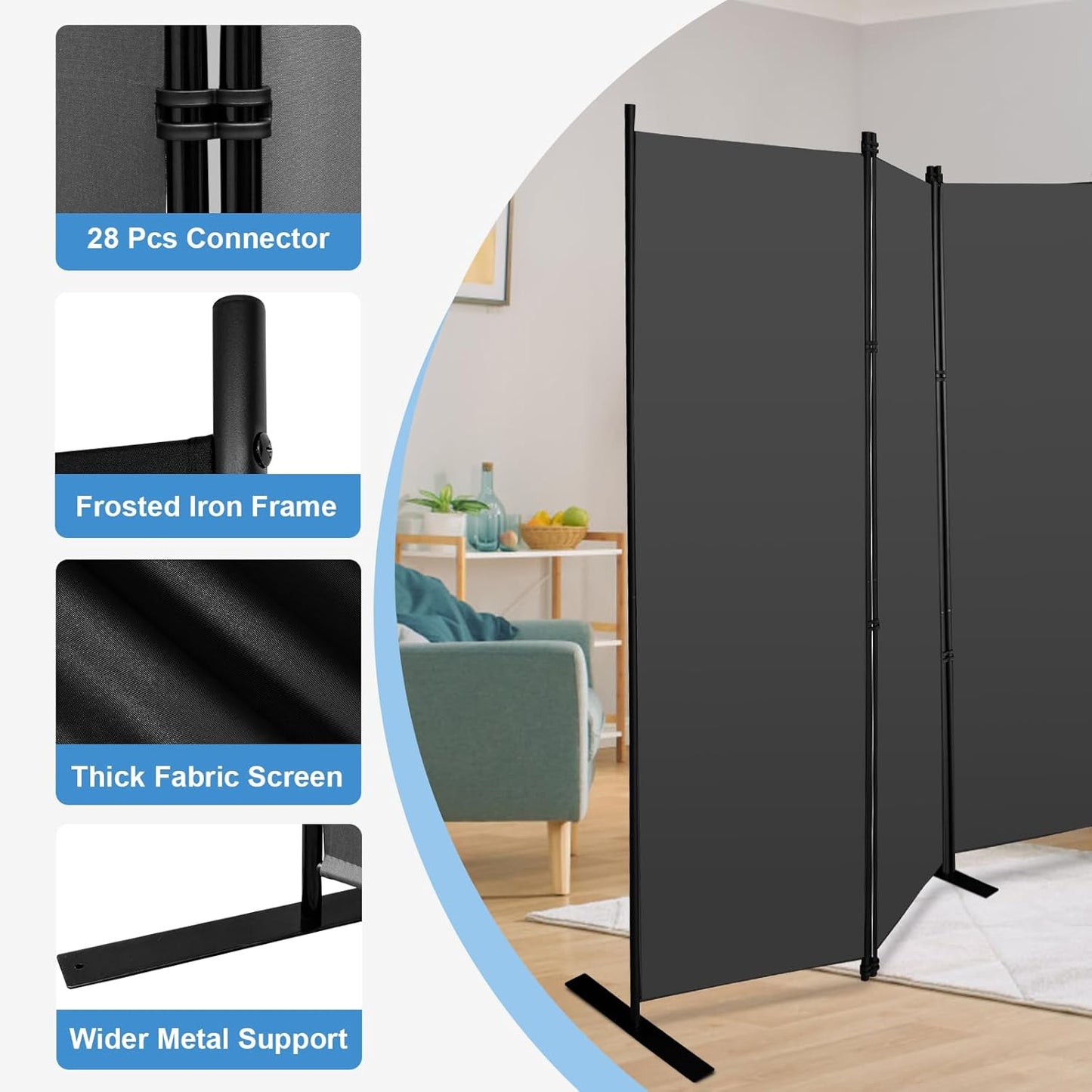 MAYOLIAH 8 Panel Room Divider 6ft Tall Freestanding Privacy Screen 160'' W Portable Office Partition, Grey