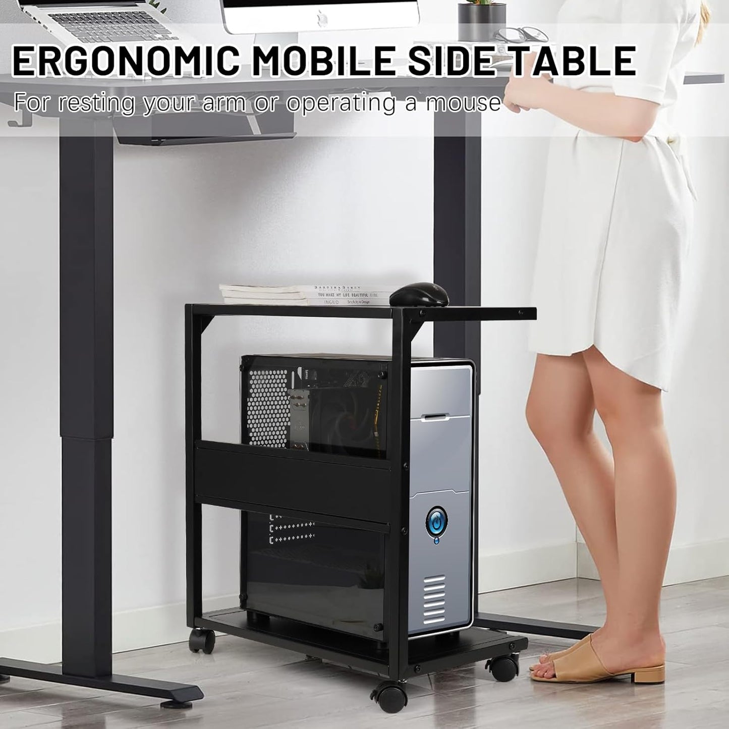 PC Stand Computer Tower Stand 2-Tier Metal CPU Holder with Locking Caster Wheels Suitable for Most PC (Black, L)