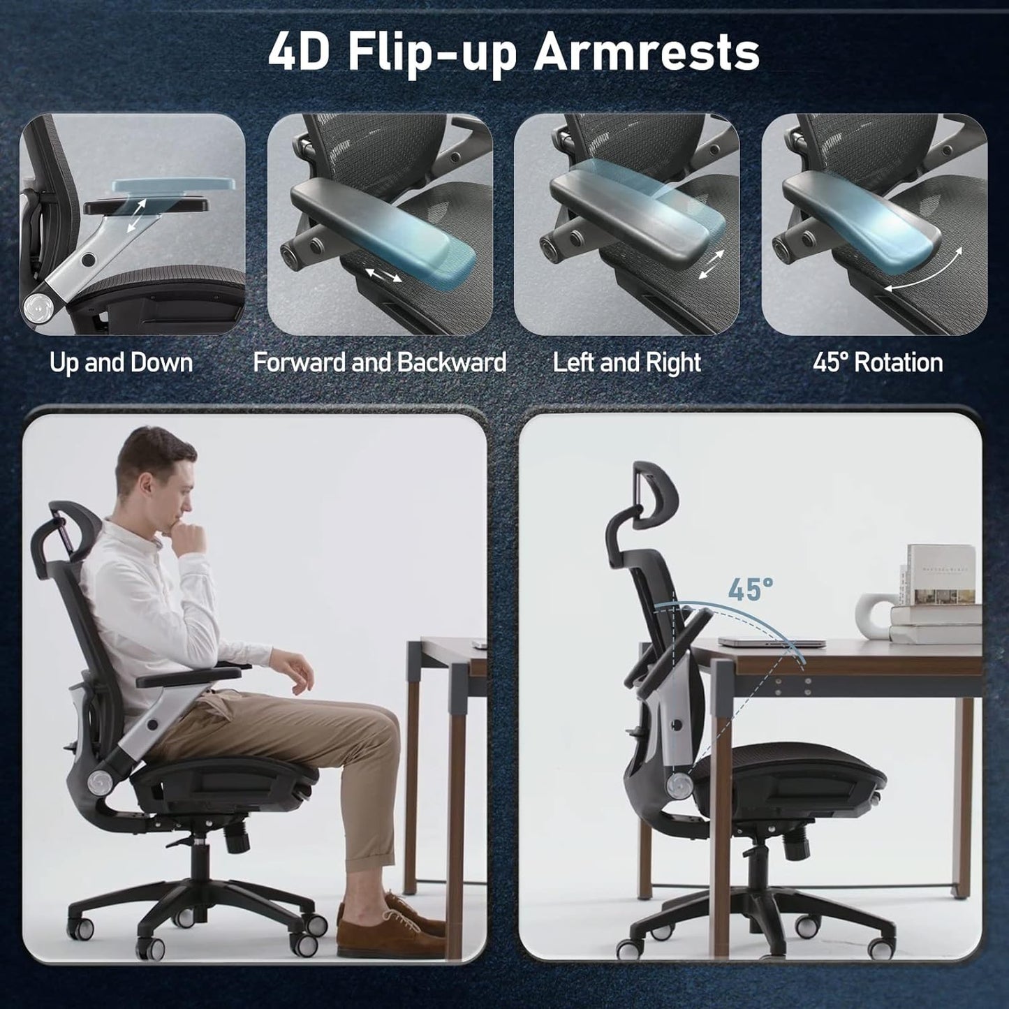 COLAMY Ergonomic Mesh Office Chair with Footrest, High Back Computer Executive Desk Chair with Headrest and 4D Flip-up Armrests, Adjustable Tilt Lock and Lumbar Support-Black