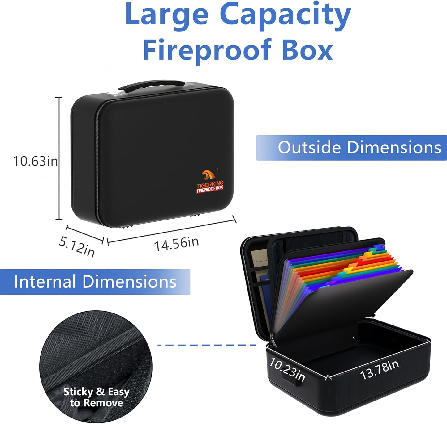 TIGERKING Fire Proof Document Safe Box with Lock and Handle – Fireproof Document Box Organizer with Hard Shell, Portable Fireproof Safe for Home Documents, Certificates, Laptop, and File Storage-Black