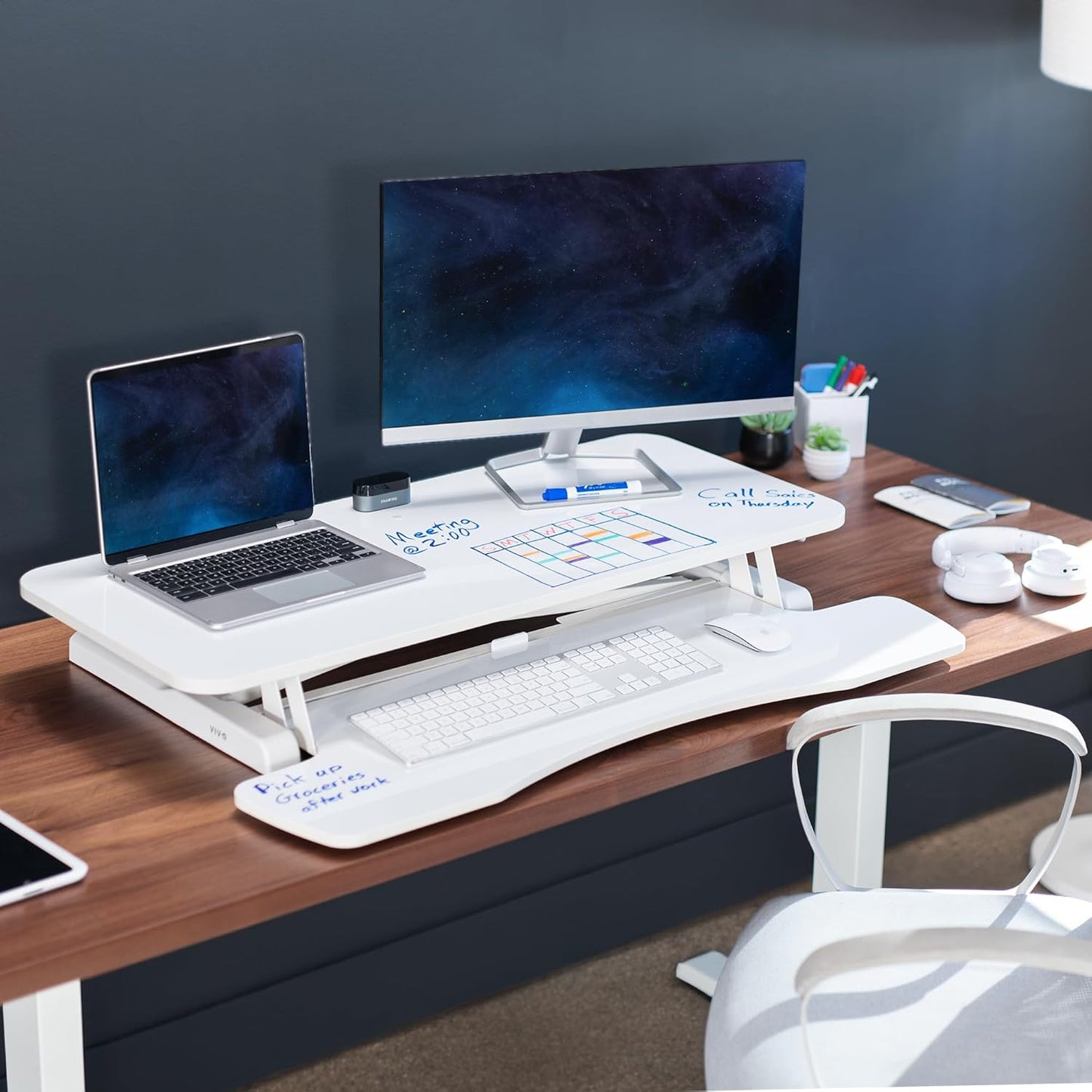 VIVO 36 inch Desk Converter, K Series, Height Adjustable Sit to Stand Riser, Dual Monitor and Laptop Workstation with Wide Keyboard Tray, White Dry Erase, DESK-V036KWE