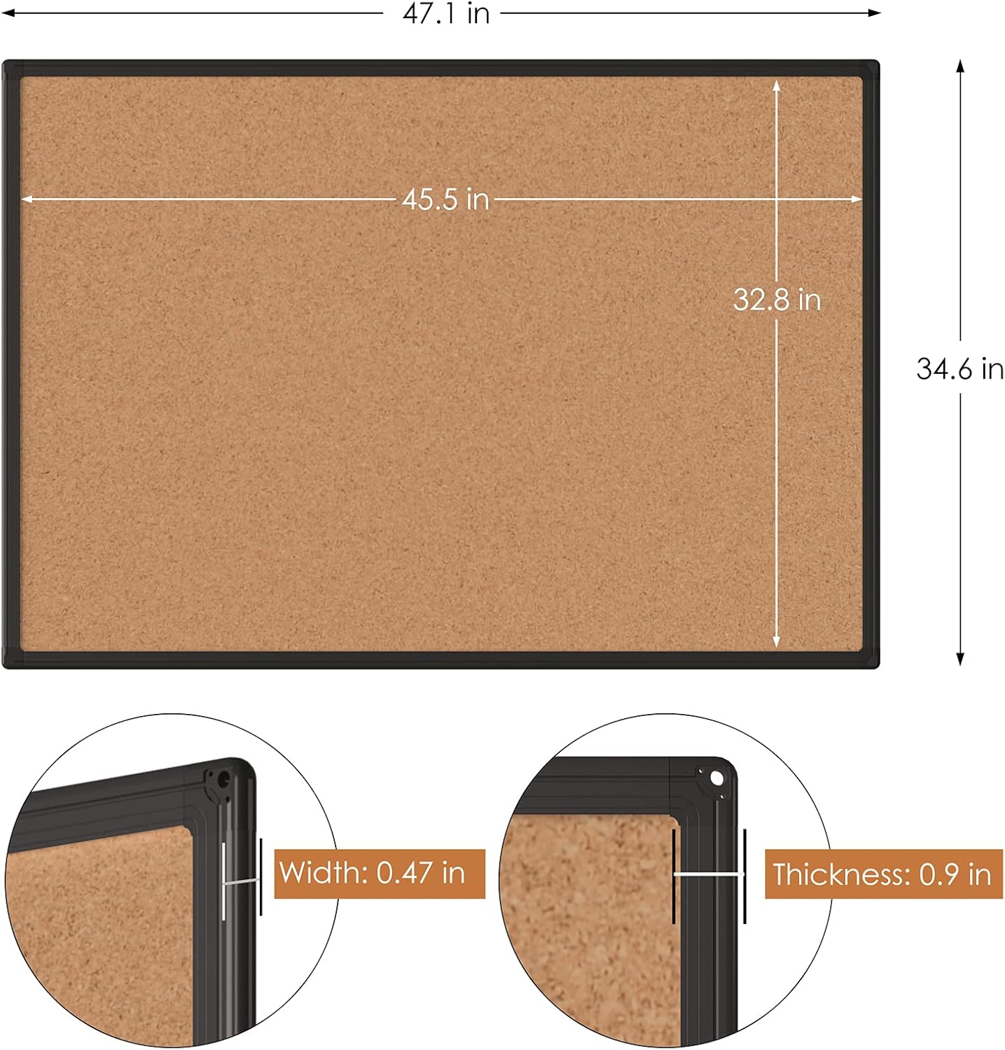 Board2by Bulletin Board 48 x 36, Black Aluminium Framed 4x3 Corkboard , Large Wall Mounted Notice Board with 18 Push Pins for School, Home & Office