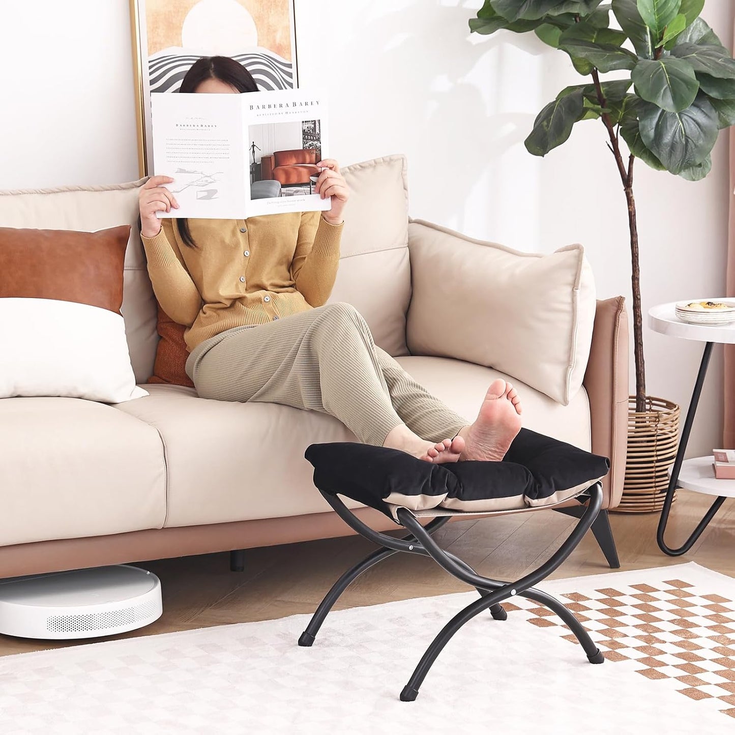 LITA Folding Upholstered Footrest Stool, Modern Small Portable Accent Ottoman with Detachable Thick Cotton Cushion Padded Sofa Stool with Metal Frame for Lazy Chair, Living Room & Bedroom, Black