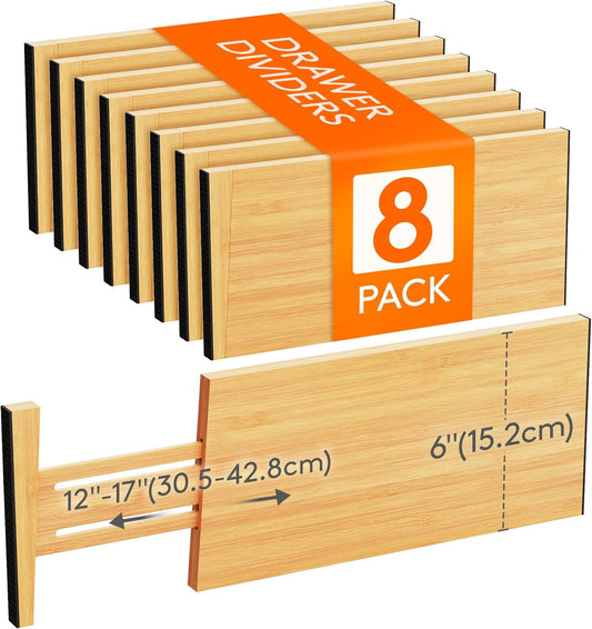 Lifewit 8 Pack Drawer Dividers Bamboo 6" High, 11-17" Adjustable Drawer Organizers for Clothes, Expandable Dresser Separators in Bedroom/Bathroom/Kitchen/Fridge/Office Organization and Storage