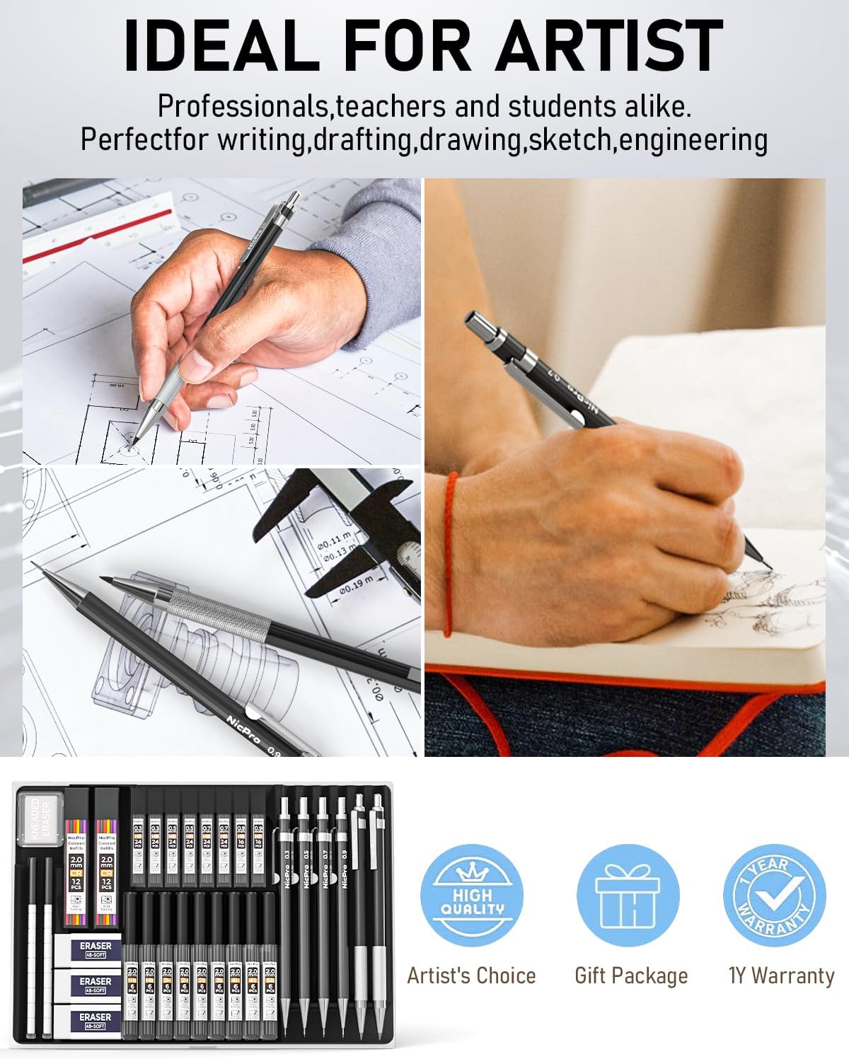 Nicpro 34PCS Black Art Mechanical Pencils Set, Metal Drafting Pencil 0.3, 0.5, 0.7, 0.9 mm & 2PCS 2mm Lead Holder (6B 4B 2B HB 2H 4H Colors) For Sketching Drawing With 19 Tube Lead Refills Case