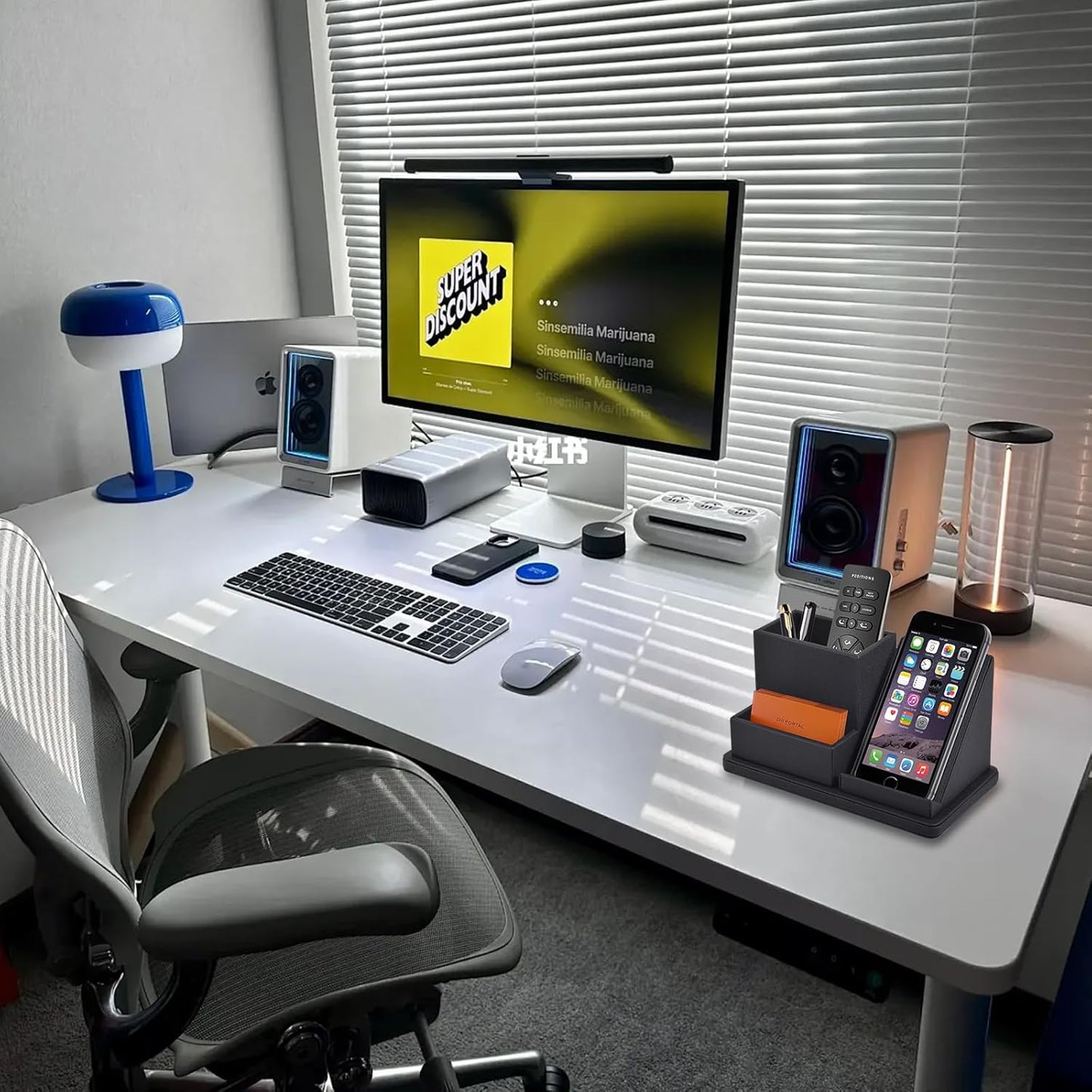 Pu Leather Desk Pen/Pencil Organizer Multi-Function Cell Phone/Remote Control Storage Box with 3 Compartments Office Supplies Sticky Note Tray Business Cards Holder,Black