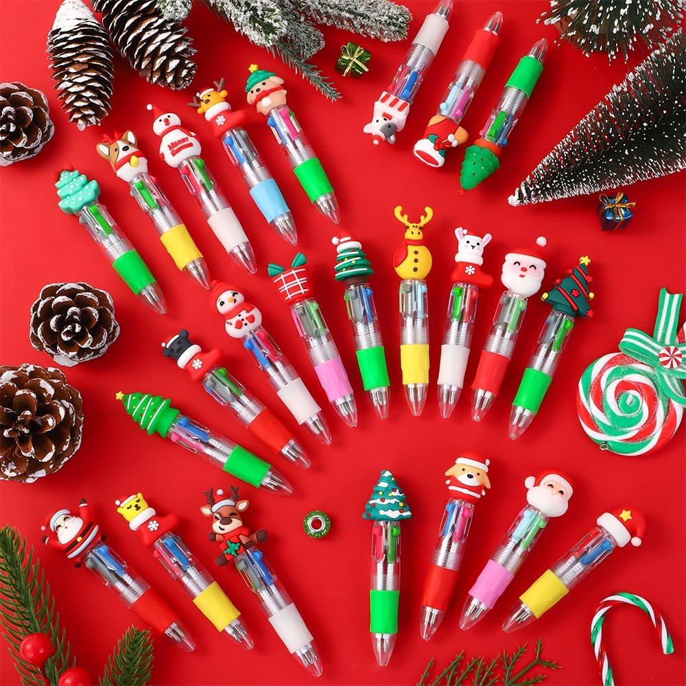 24PCS Christmas Multicolor Ballpoint Pens 4 Colors in 1, Retractable 0.7mm Cartoon Cute Fun Pens for Kids Santa Snowman Writing Pens for Holiday Party School Supplies Students Rewards