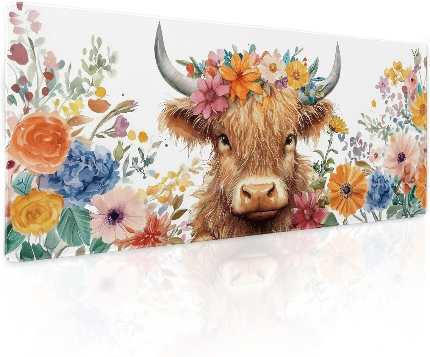 Aesthetic Highland Cow Gaming Mouse Pad XL Cow Print Blue Orange Floral Extended Large Mat Mousepad Desk Pad Non-Slip Rubber Base Stitched Edge Flower Keyboard Pad Playmat for Computer,31.5×11.8 in