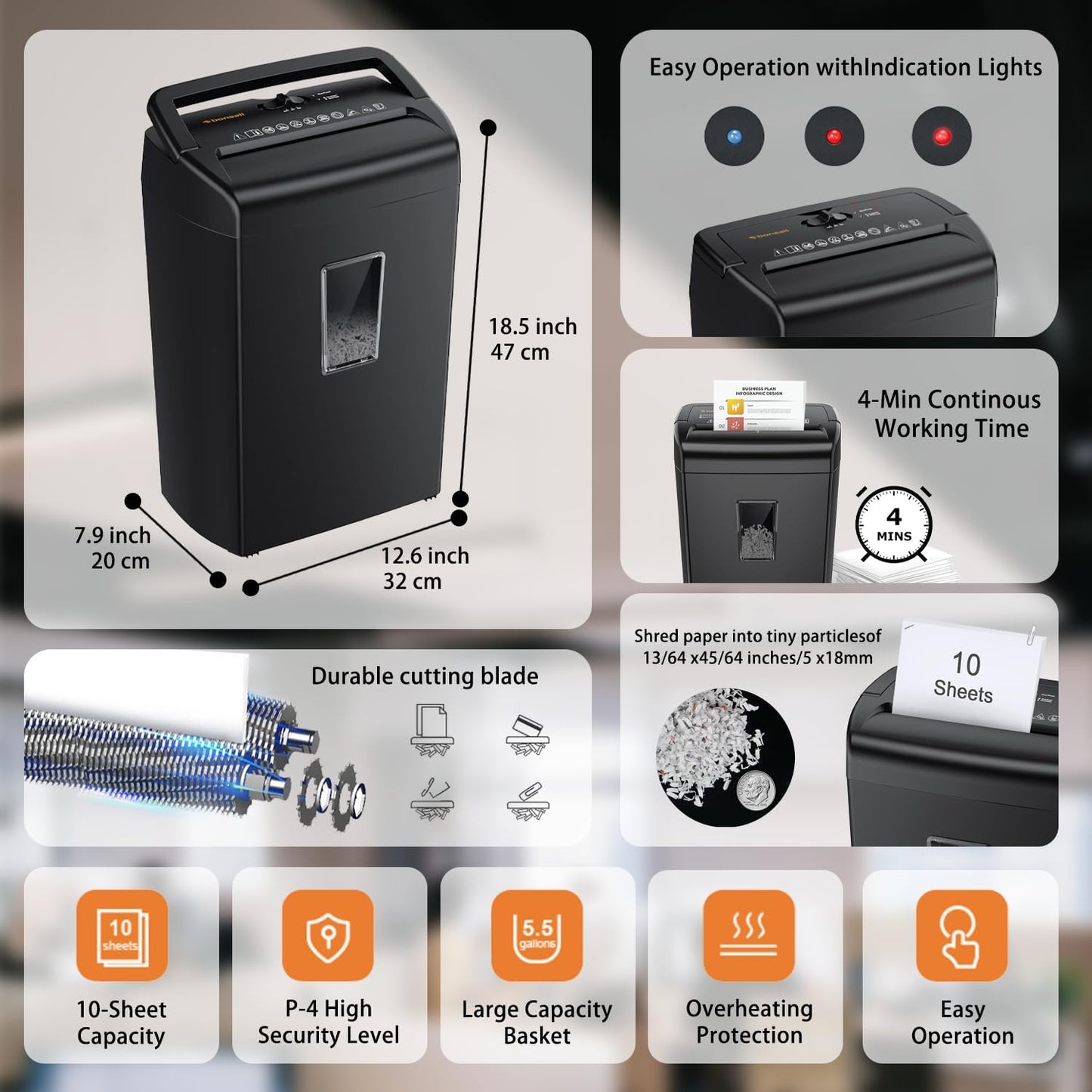 Bonsaii 10-Sheet Cross-Cut Shredder, Heavy-Duty Paper Shredder for Home Office, Handles Credit Cards, Staples, and Paper Clips, 5.5-Gallon Bin with Clear Viewing Window