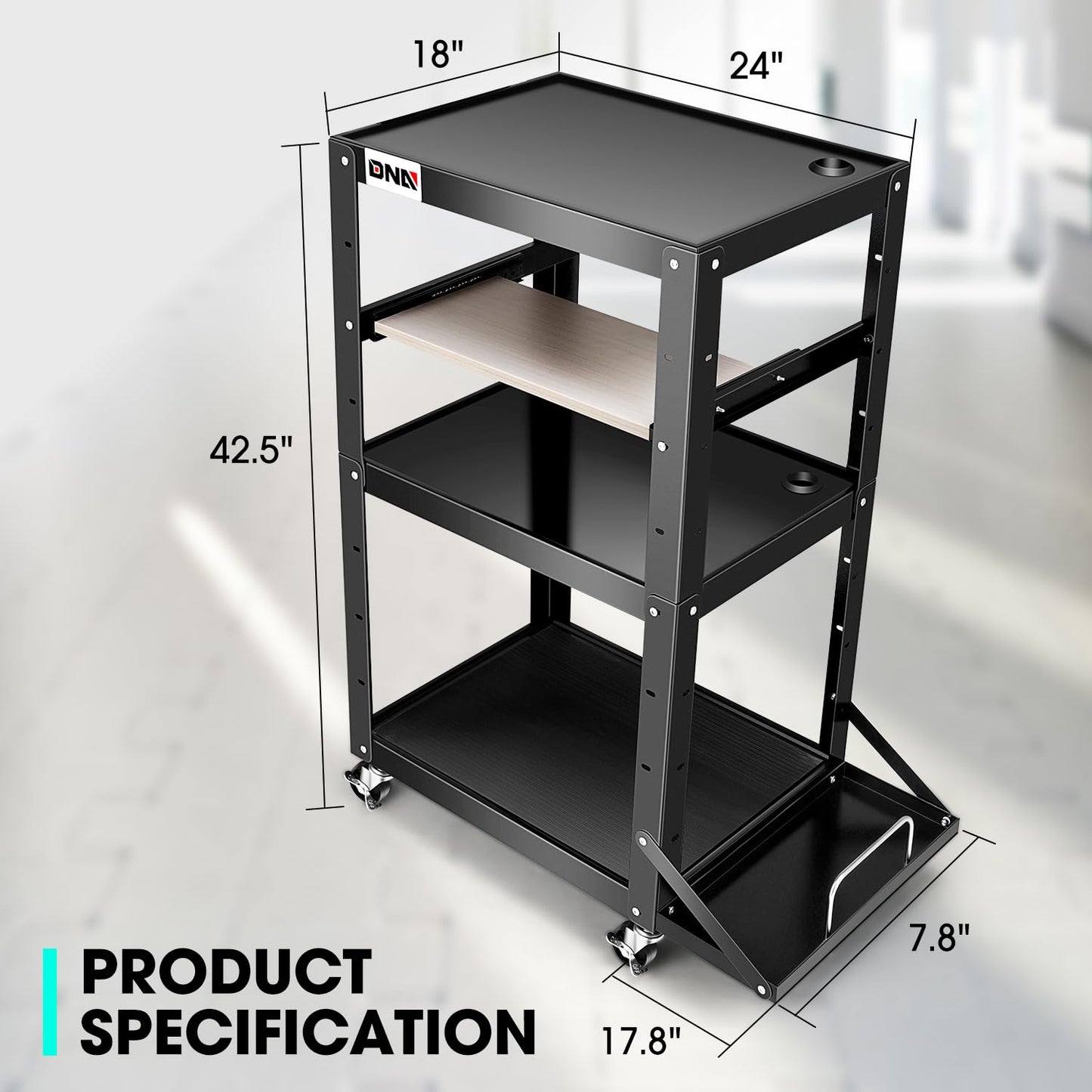 DNA MOTORING Steel AV Cart 3-Layer Rolling Projector Utility Cart, 24" X 18" X 24.6"- 42.5" Height Adjustable, with Wheels, Pullout Keyboard Tray, Power Strip, Cord Management, TOOLS-00497