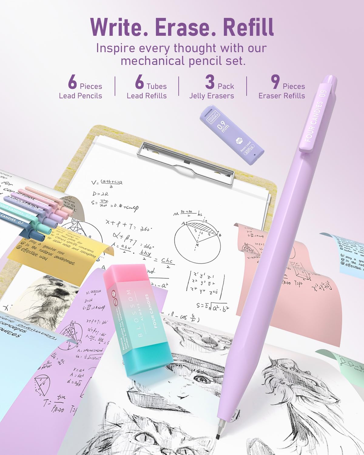 Four Candies 39 PCS Aesthetic School Supplies with Cute Pen Case, 12 Pastel Highlighters, 5 Black Ink Gel Pens, 6 Mechanical Pencils Set 0.5 & 0.7mm for Students Stationary College Essentials (Purple)