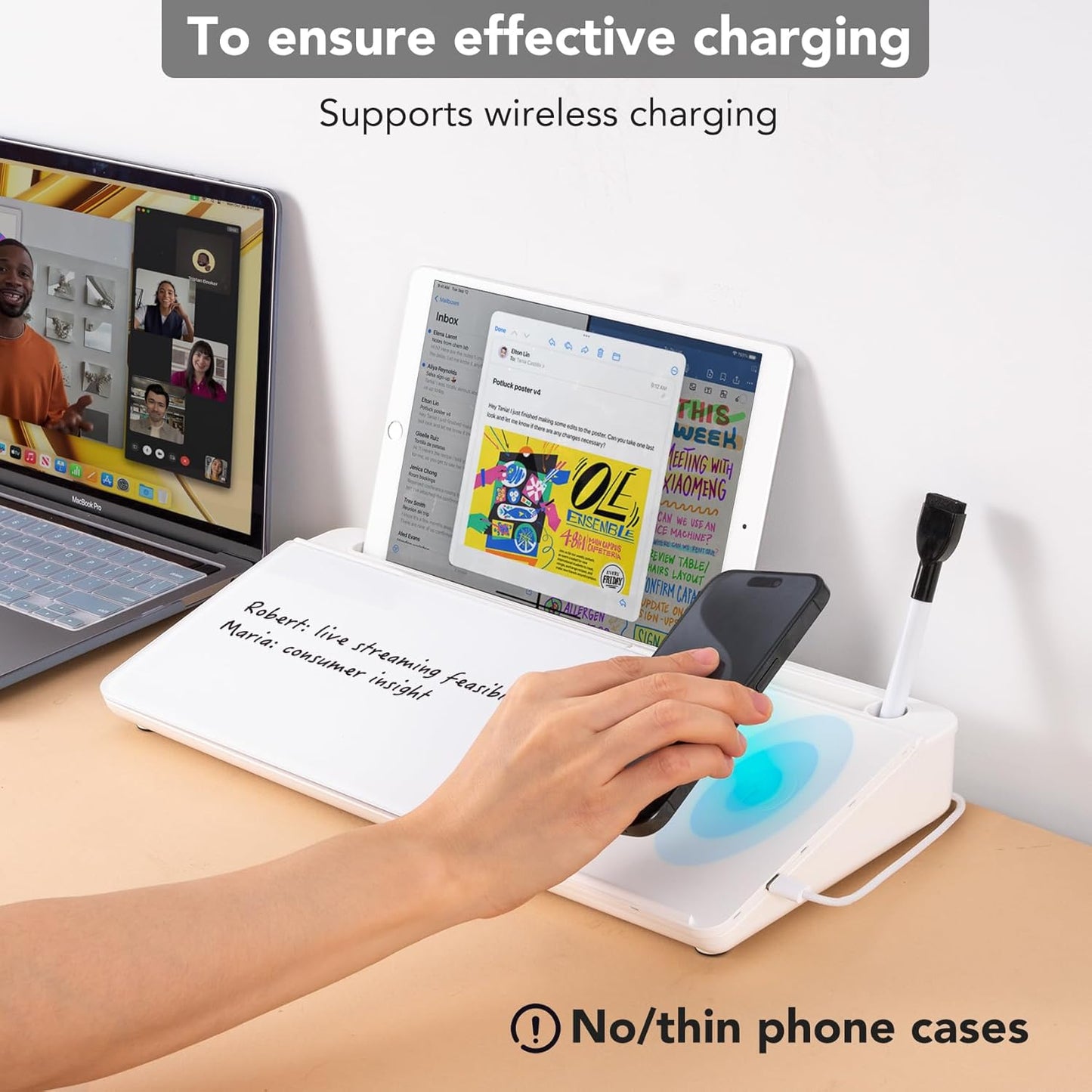 Varhomax Glass Desk Whiteboard with Wireless Charger, Desktop Dry Erase White Board with Storage, to Do List Memo Notepad for Home and Office