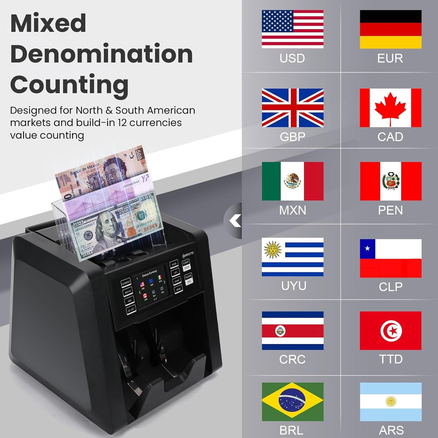 C-N70A Mixed Denomination Money Counter Machine,Value Counting,Multi Currency,CIS/UV/MG/IR Counterfeit Detection Bill Counter,Serial Number,Printer Enabled,Touch Screen,Cash Counter