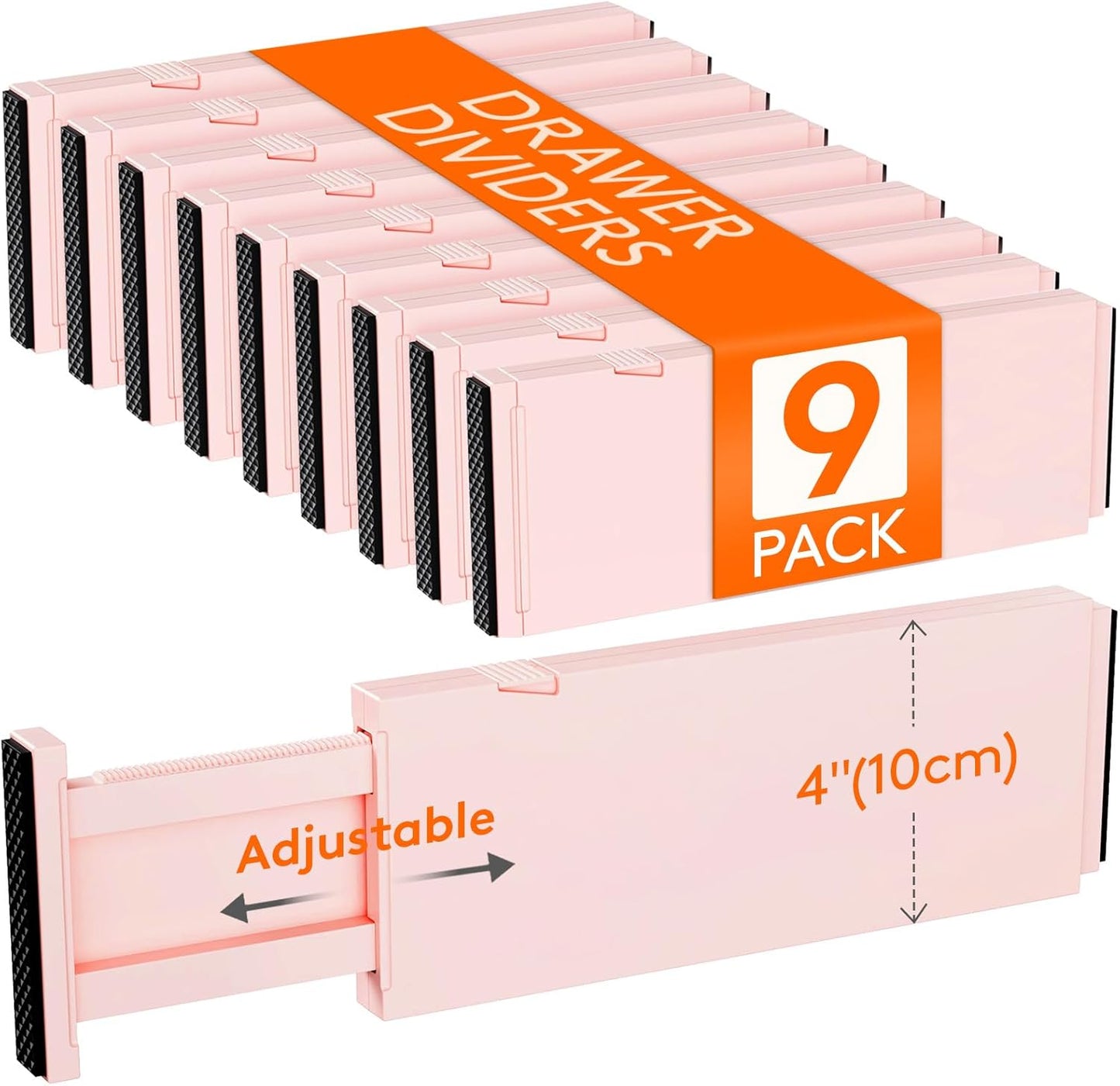 Lifewit 9 Pack Drawer Dividers 4" High, 11-17" Adjustable Drawer Organizers for Clothes, Expandable Dresser Separators in Bedroom/Bathroom/Kitchen/Fridge/Office Organization and Storage, Pink