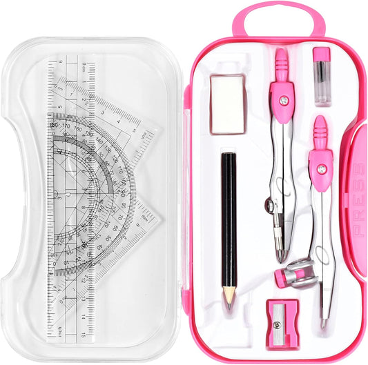 Math Geometry Kit Sets 10 Piece Student Supplies with Shatterproof Storage Box,Includes Rulers,Protractor,Compass,Eraser,Pencil Sharpener,Lead Refills,Pencil,for Drafting and Drawings（Pink）