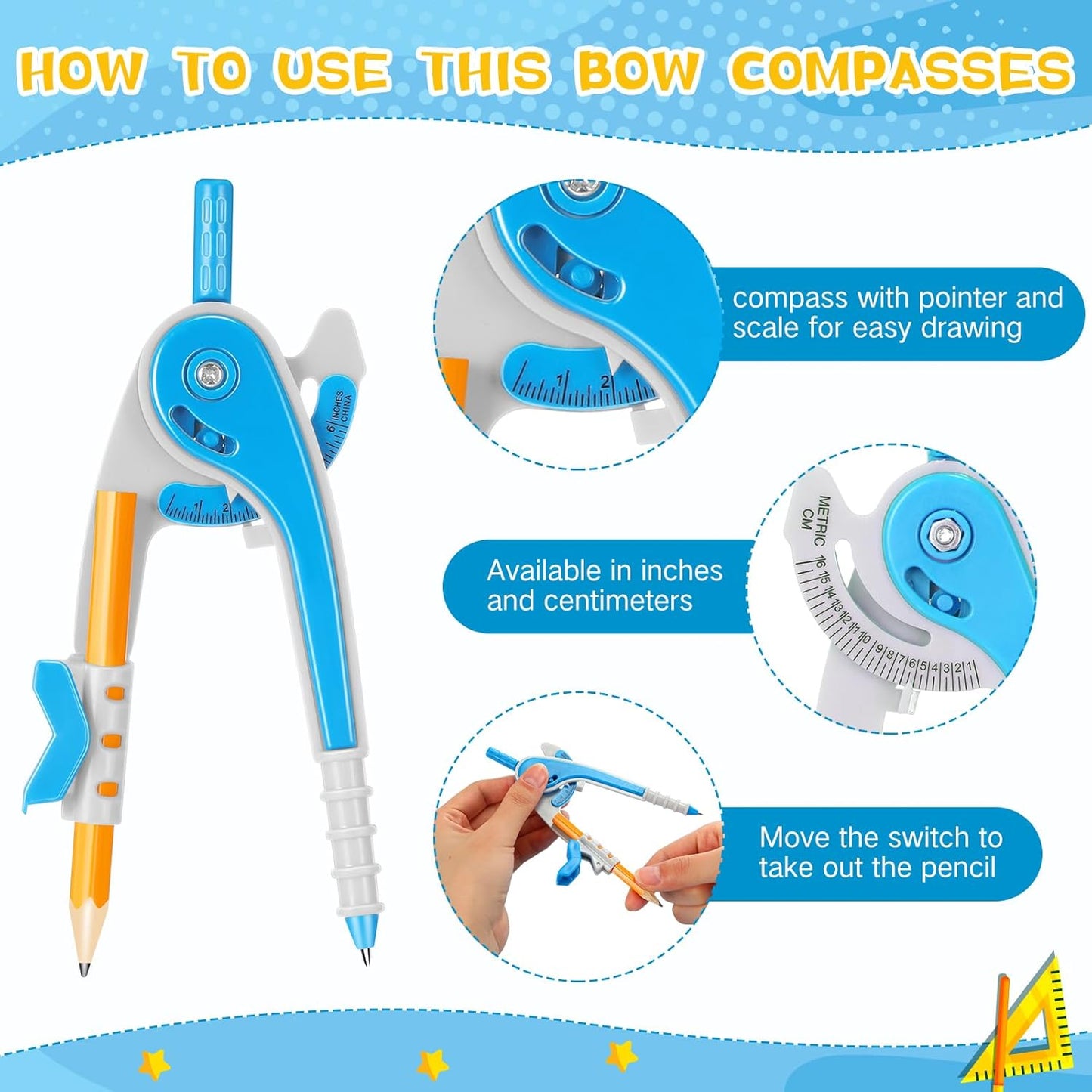 Zonon 15 Pcs Student Math Geometry Compass Tool Classroom Set Bulk 6 Inch Bright Colored Plastic Drawing Compass with Pencils Back to School Supplies for School Home Office