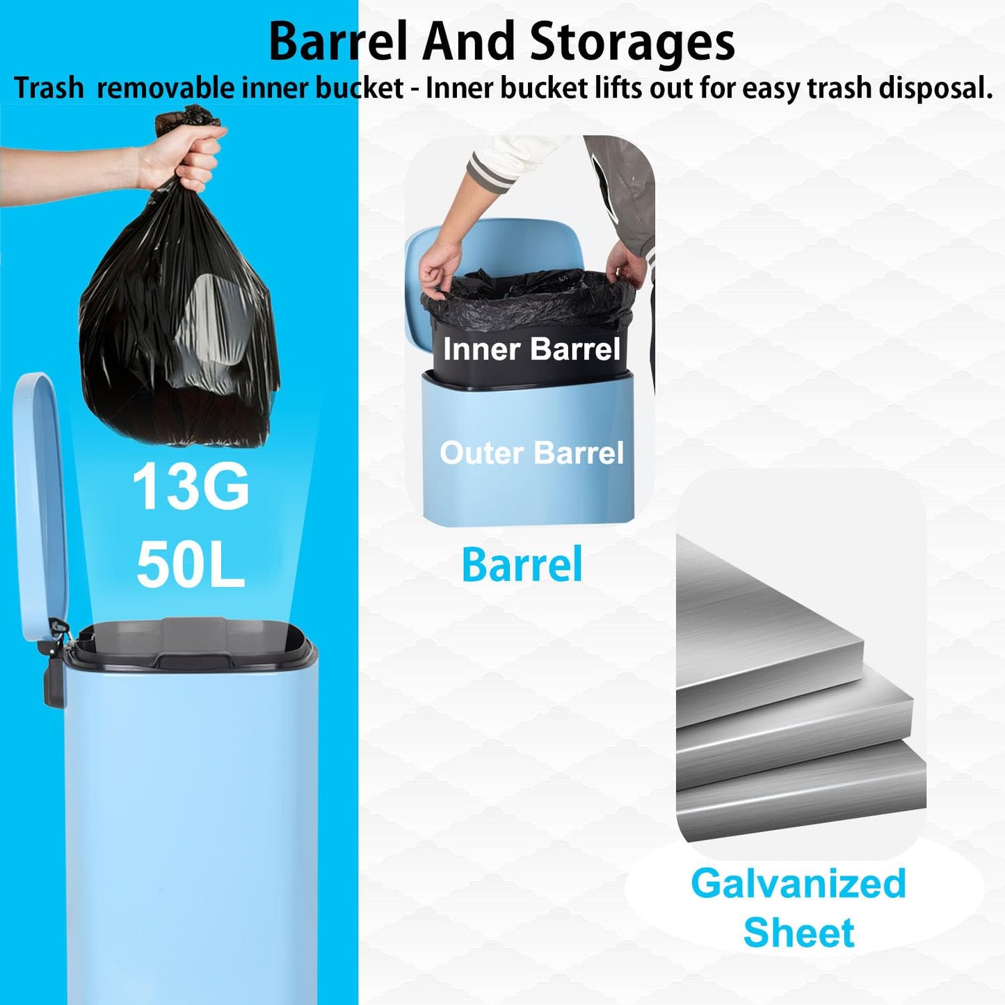 PayLessHere Stainless Steel Trash Can with Lid - Removable Inner Bucket, Foot Pedal Soft Close for Office, Home, Kitchen Garbage Bin (Blue, 13 G)