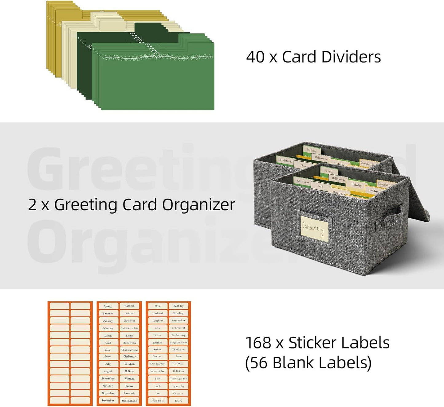 Vienrose Greeting Card Organizer Storage Box with 20 Removable Dividers, 84 Self-stick Labels, Perfect for Photos, Envelopes, Scrapbooking, Paper, Stickers Holder 2 Pack Grey