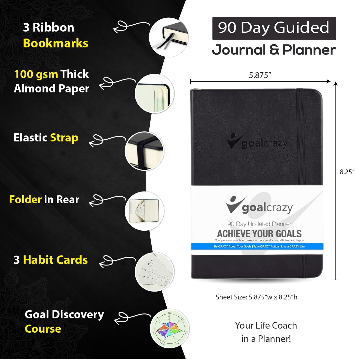 Undated Planner - 90 Day Guided Journal, 2024 2025 Weekly Organization, Productivity Habit Tracker, Inspirational, Life Setting, Leather, Almond Pages (black)