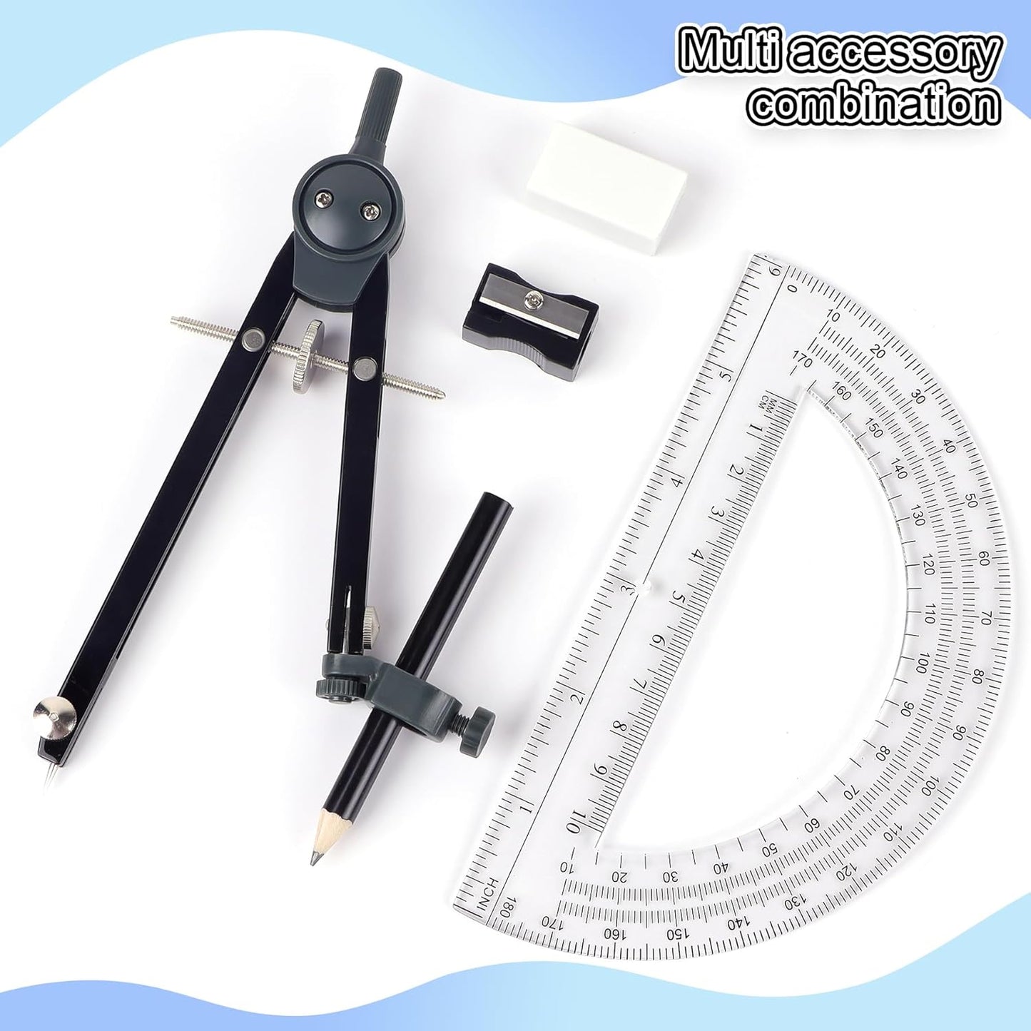 Professional Compass for Geometry Set, Metal Compass with Wheel and Lock for Geometry, Drawing Compass Tool, Circle Drafting Tool, and 6 Inch Math Protractors 180 Degree (Silver)