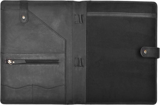 Genuine Leather Portfolio – Sleek Black Professional Organizer & Resume Folder, Antique Leather Business Document Padfolio with Writing Pad, Ideal Gift for Men & Women
