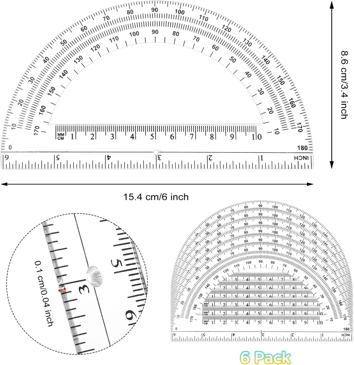 Zonon 6 Pieces Plastic Protractors Bulk Classroom Clear Math Protractors 180 Degrees 6 Inch for Geometry Student, Angle Measurement, Students Back to School Supplies Office Supplies